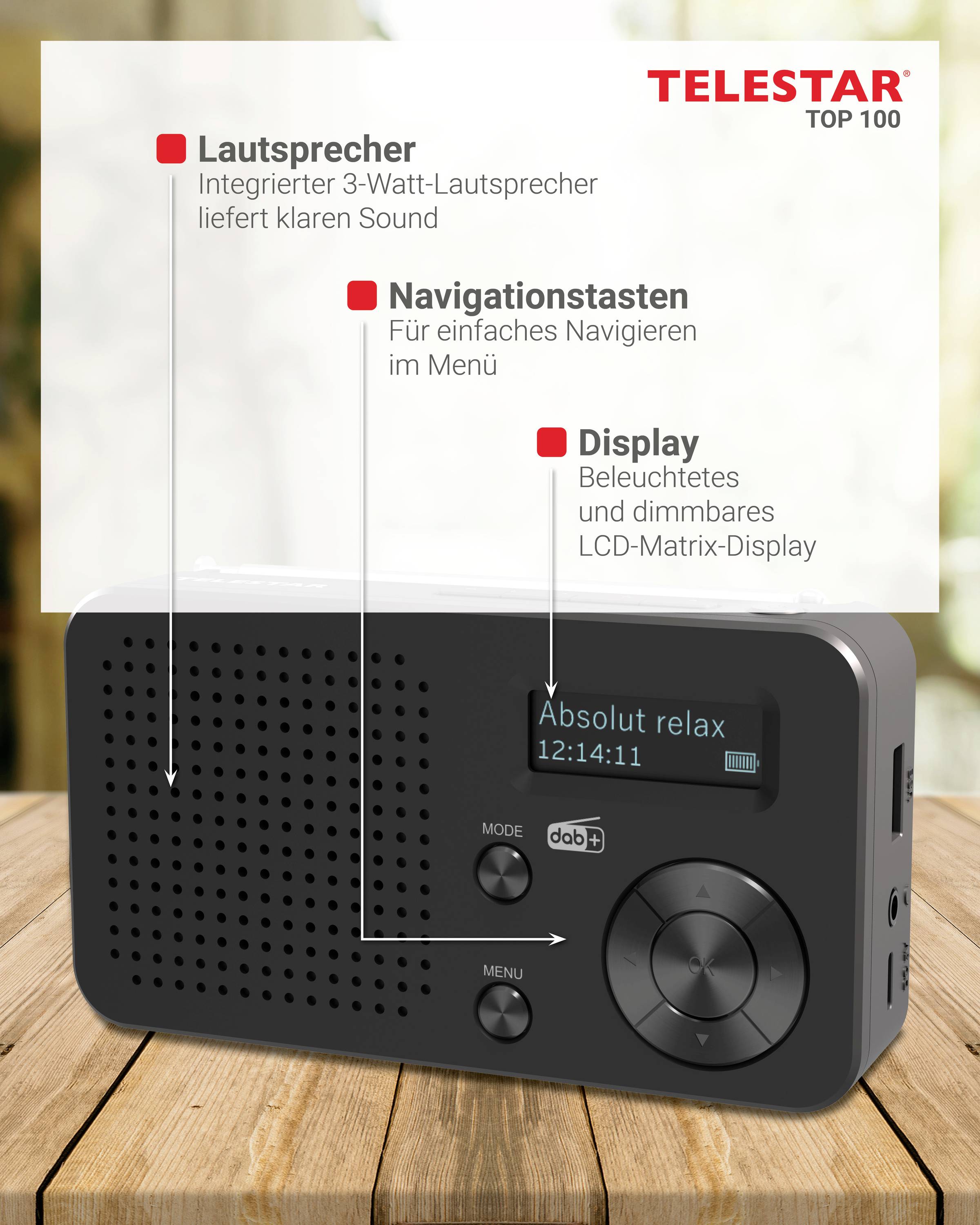 Telestar TELESTAR TOP 100 Schwarz 5700100 Akumulátorové rádio, DAB+, FM, Bluetooth, USB, s USB nabíječkou, s akumulátore-8