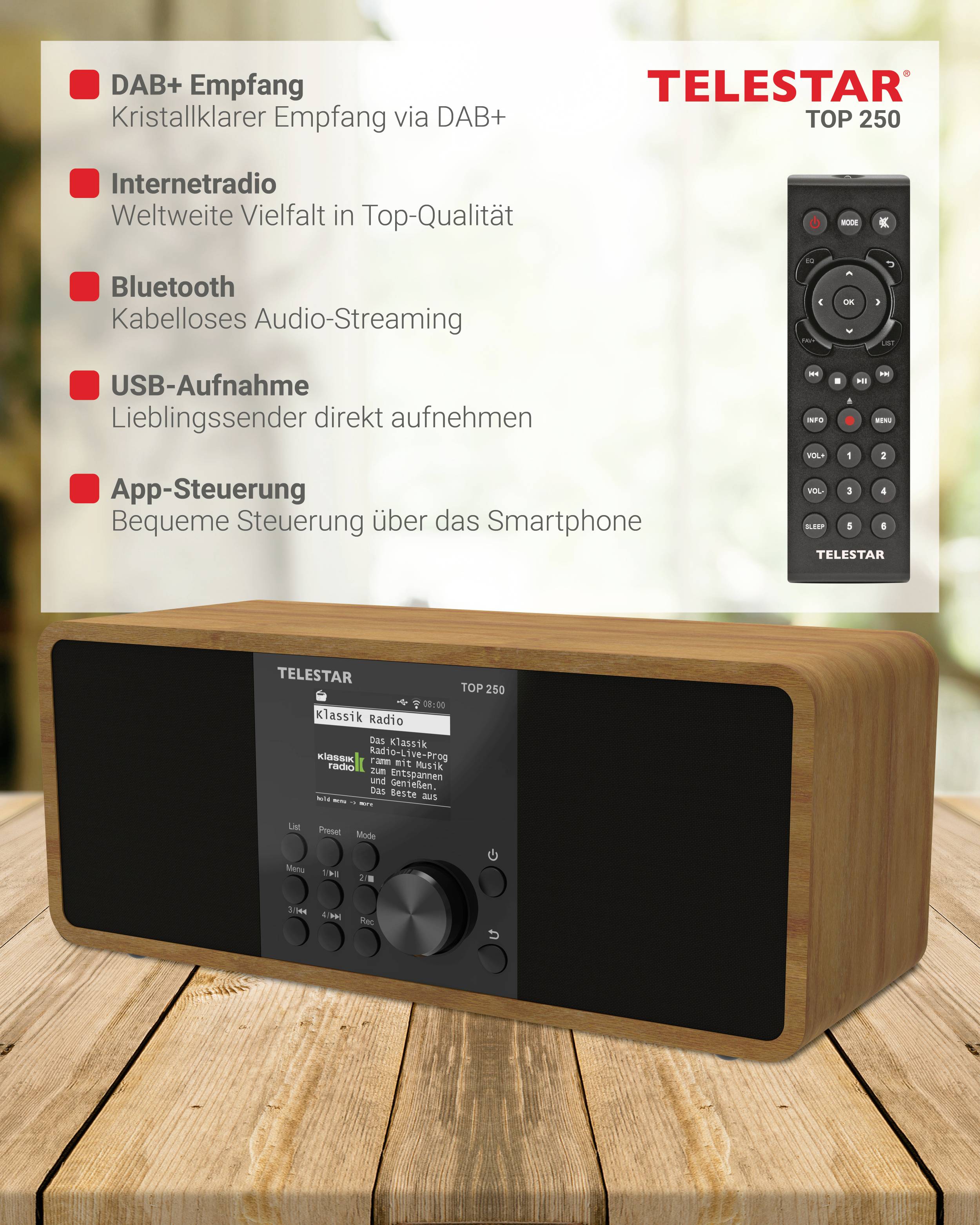 Rádio TELESTAR TOP 250 na dřevěném stole s funkcemi DAB+ příjmu, internetového rádia, Bluetooth, USB nahrávání a ovládání přes aplikaci.