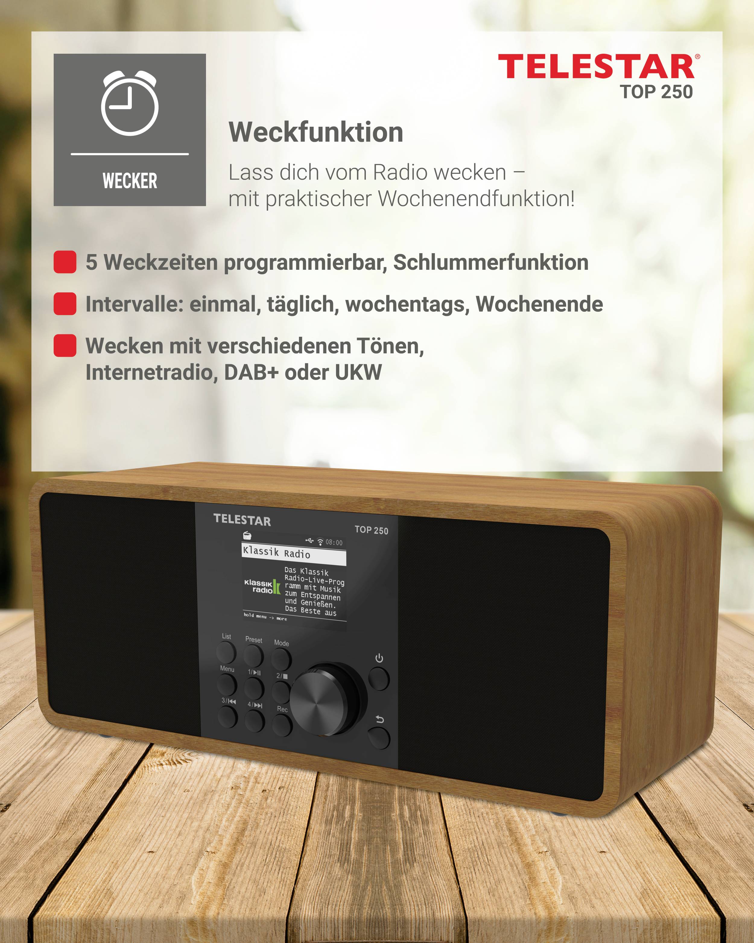 Dřevěné rádio s textem 'Weckfunktion', s pěti programovatelnými budíky, volitelnou funkcí odložení buzení a nastavením pro pracovní dny nebo víkend. Několik možností tónů, možnosti rádia zahrnují internetové rádio, DAB+ nebo FM.