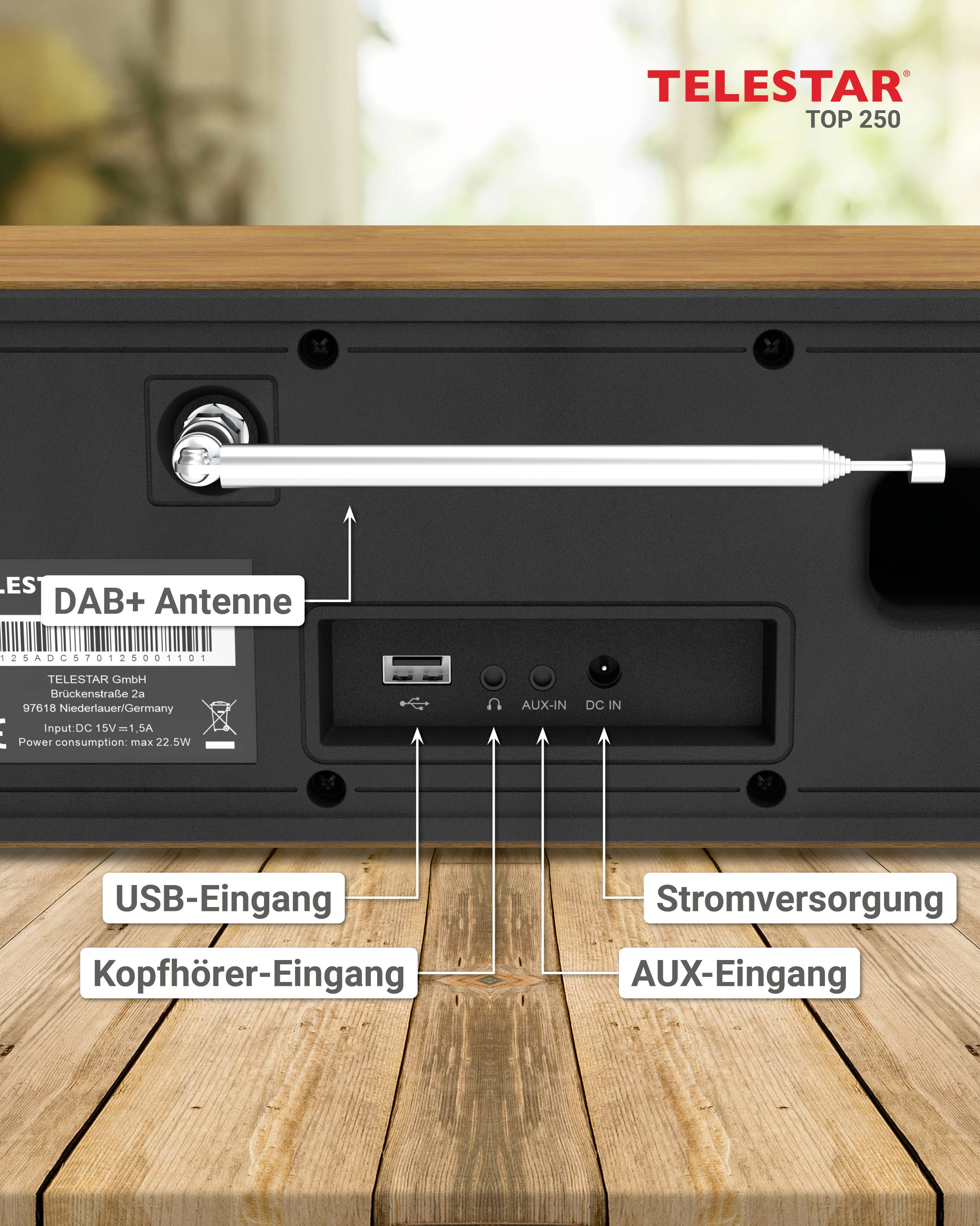 Zadní strana rádia TeleStar s označenými porty: DAB+ anténa, USB vstup, Vstup pro sluchátka, Napájení a AUX vstup.