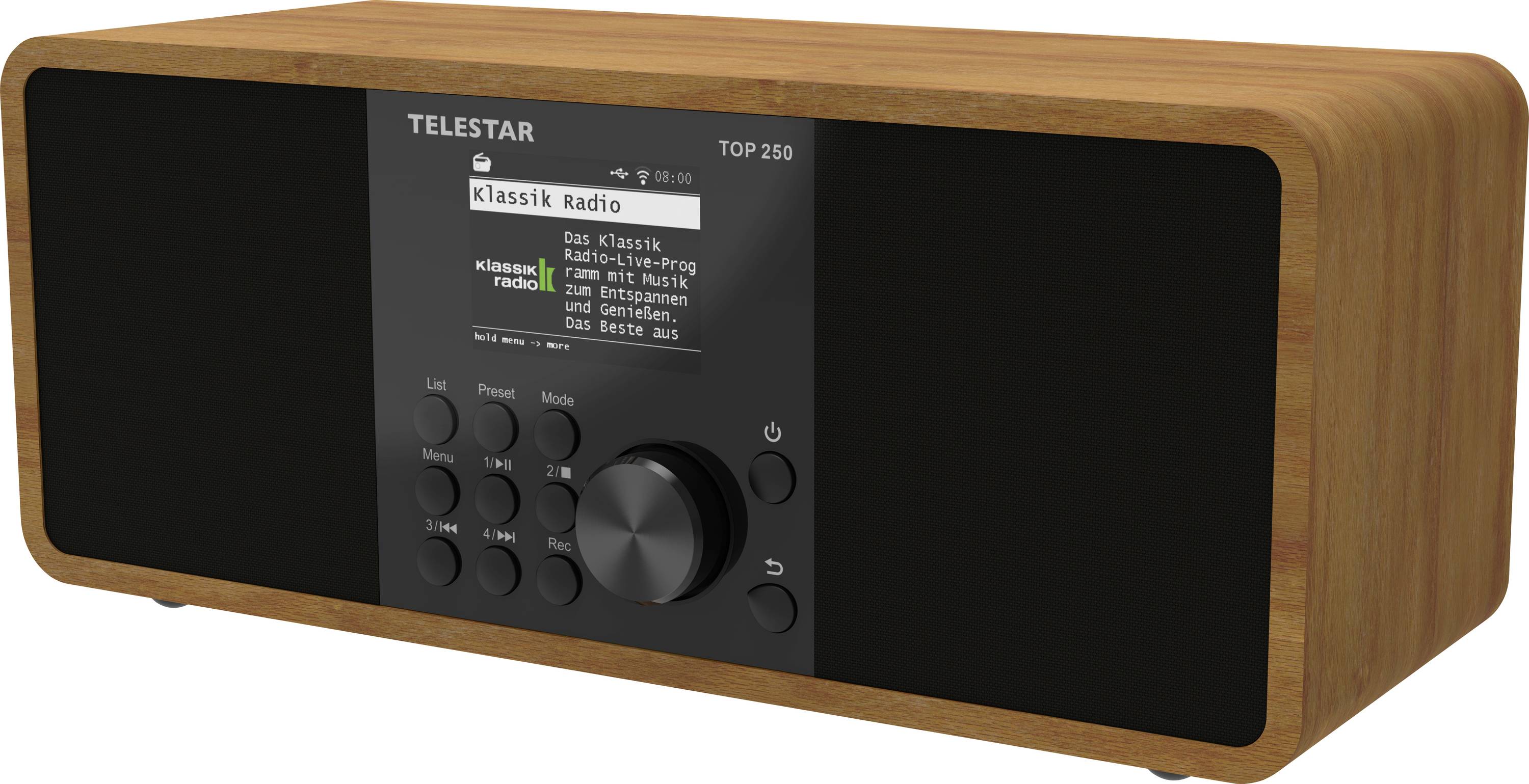 Vintage dřevěné rádio ve stylu retro s displejem zobrazujícím nápis 'Klassik Radio', s centrálním ovládacím knoflíkem a různými ovládacími tlačítky.