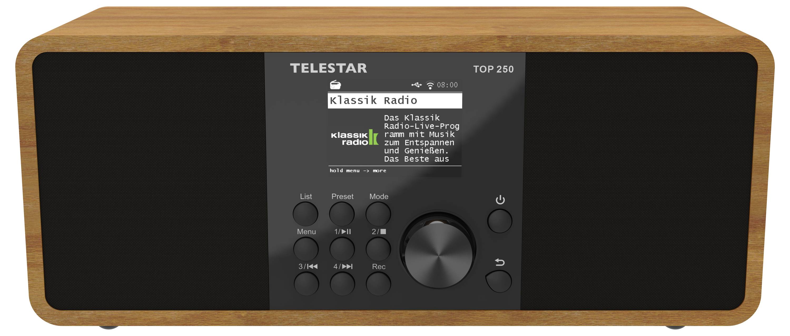 Digitální rádio s dřevěným vnějškem, označené štítkem 'TELESTAR TOP 250'. Displej zobrazuje 'Klassik Radio', s tlačítky a velkým centrálním ovladačem.