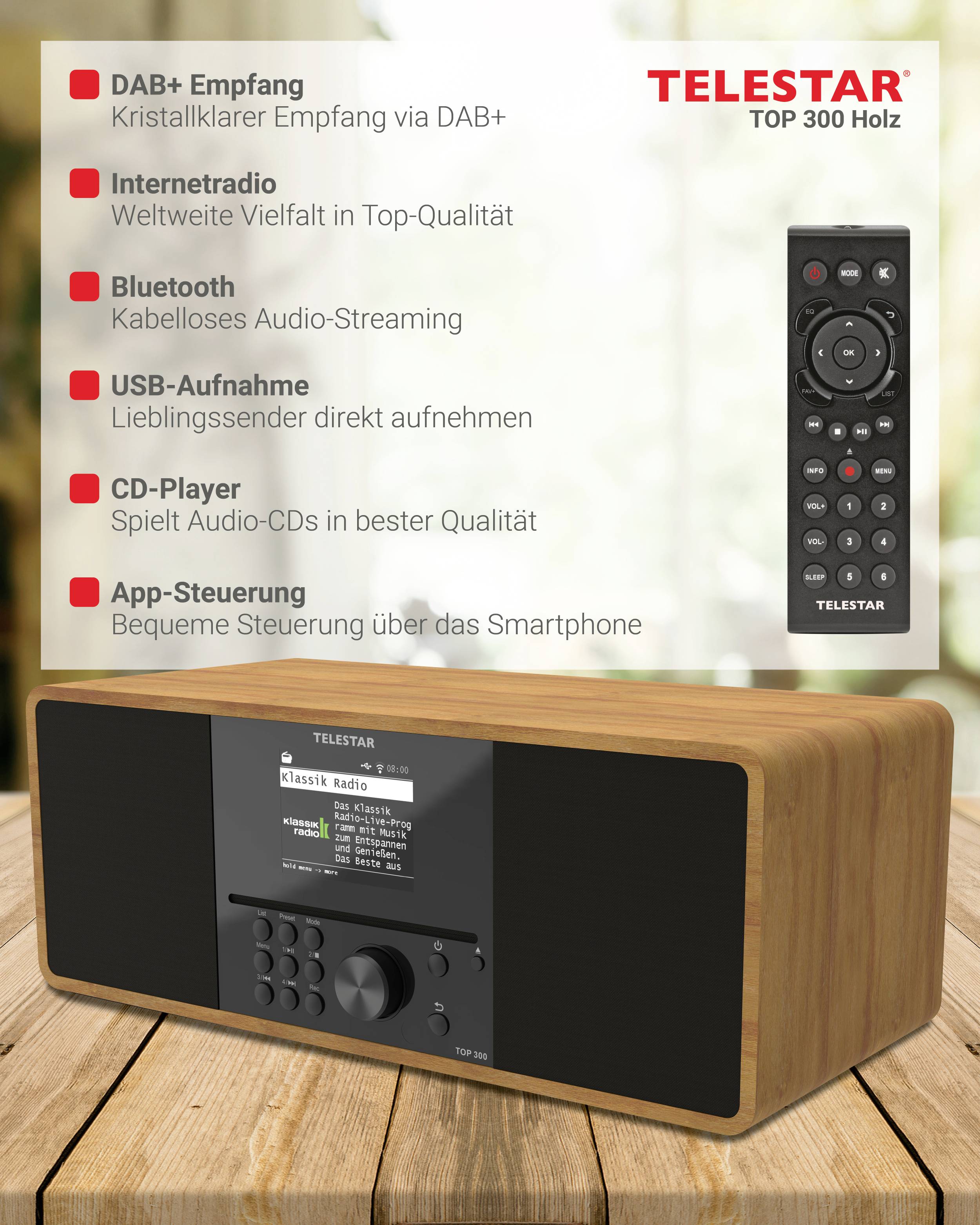 Rádio v designu dřeva s DAB+, internetovým rádiem, Bluetooth, USB, CD přehrávačem a ovládáním pomocí aplikace. Vedle je zobrazen dálkový ovladač.