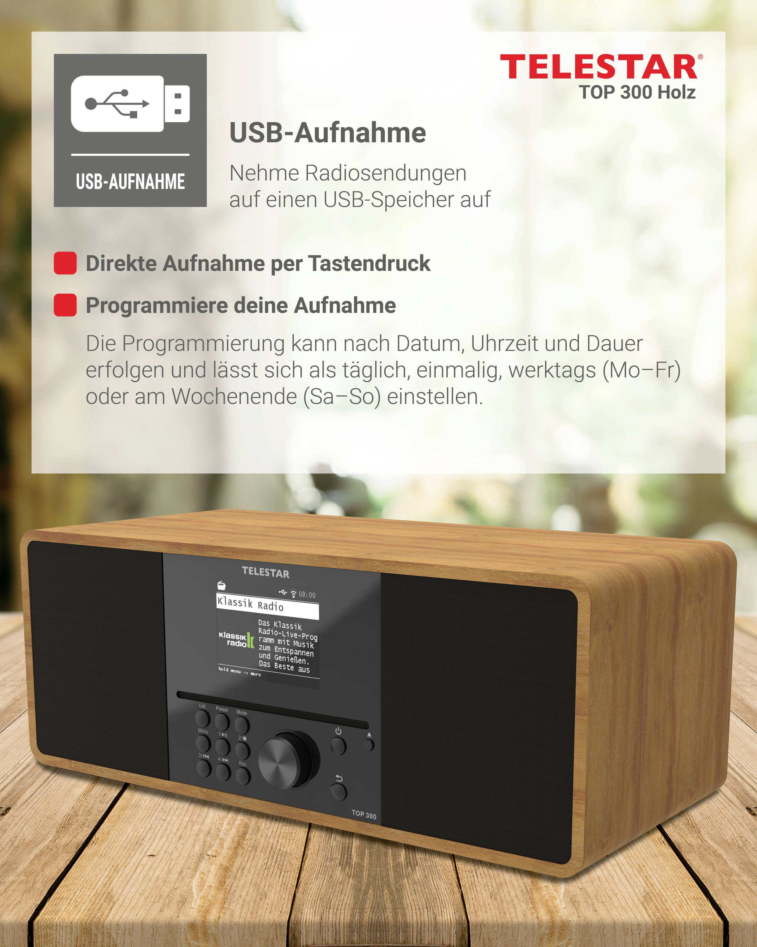 Dřevěné rádio s funkcí USB nahrávání. Texty na obrazovce popisují jednoduché možnosti nahrávání a programování.