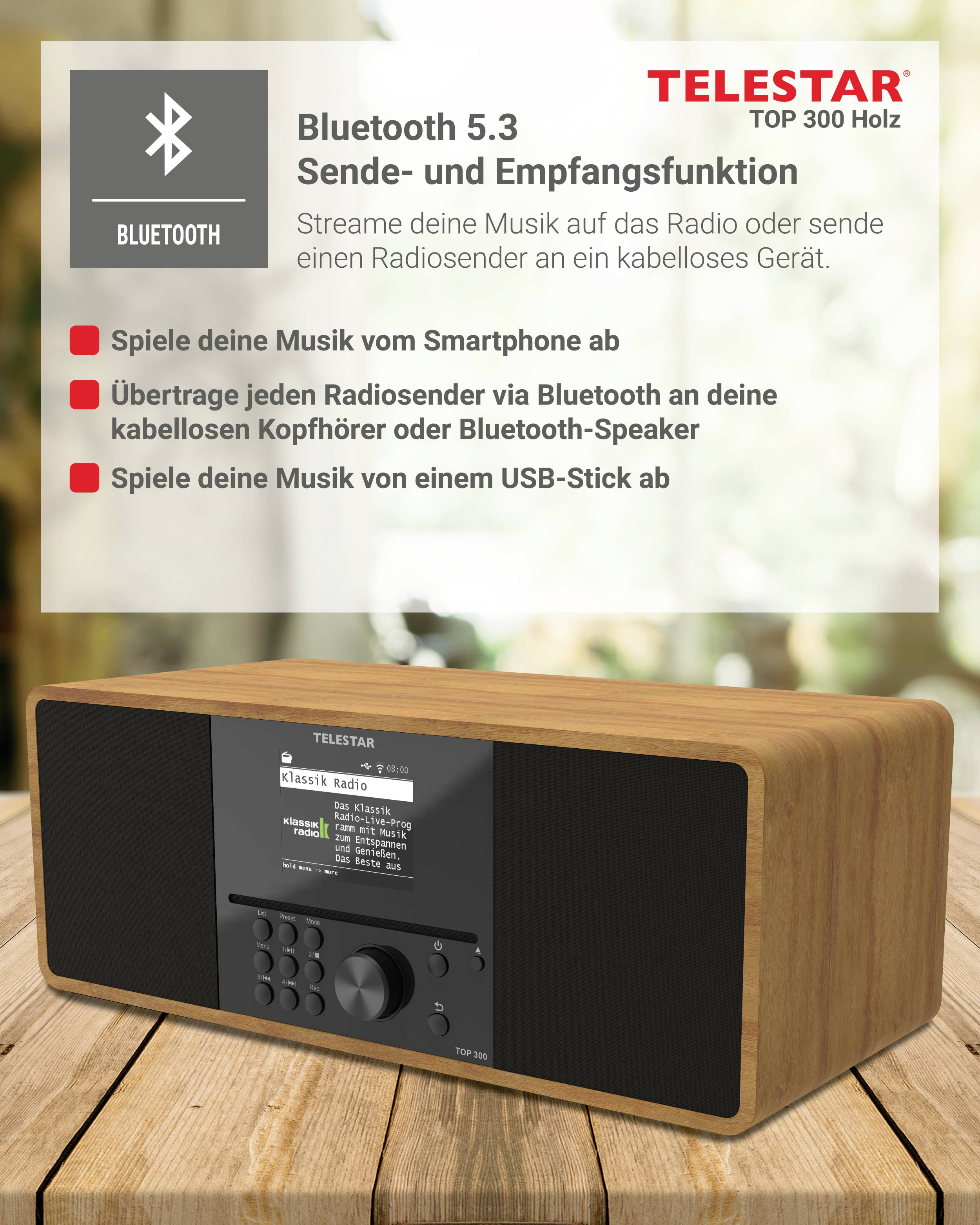 Bluetooth rádio 'TELESTAR TOP 300 Dřevo' s funkcí vysílání a příjmu, vhodné pro smartphone, sluchátka a hudbu z USB disku.