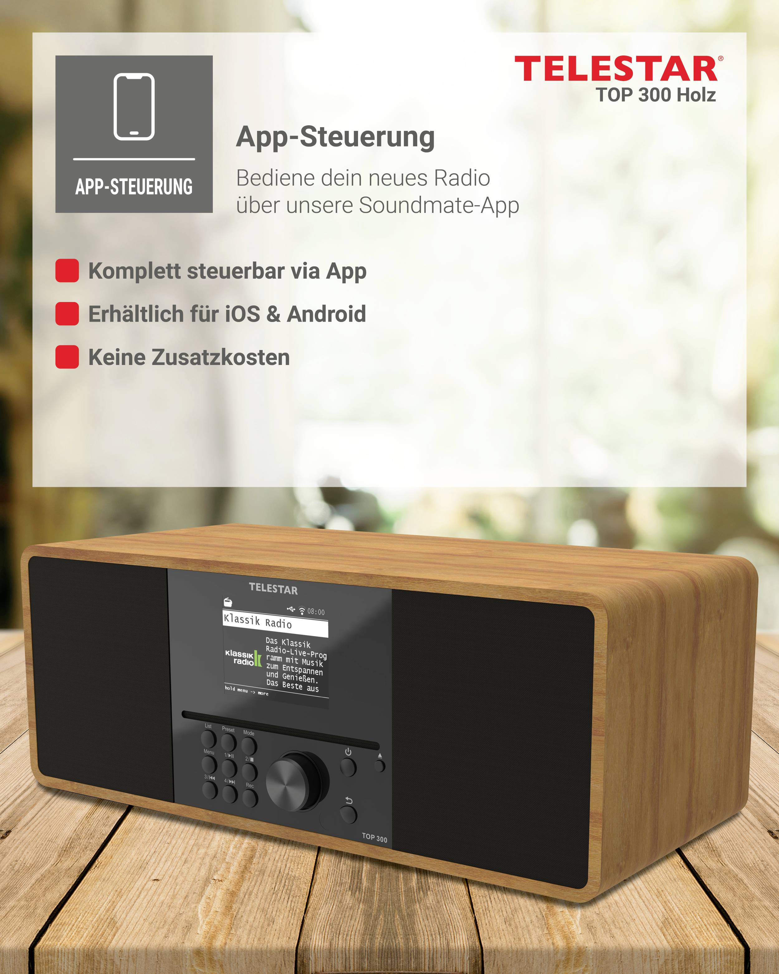 Ovládání rádia přes aplikaci, plně ovladatelné pomocí mobilní aplikace, dostupné pro iOS a Android, bez jakýchkoli dalších poplatků.