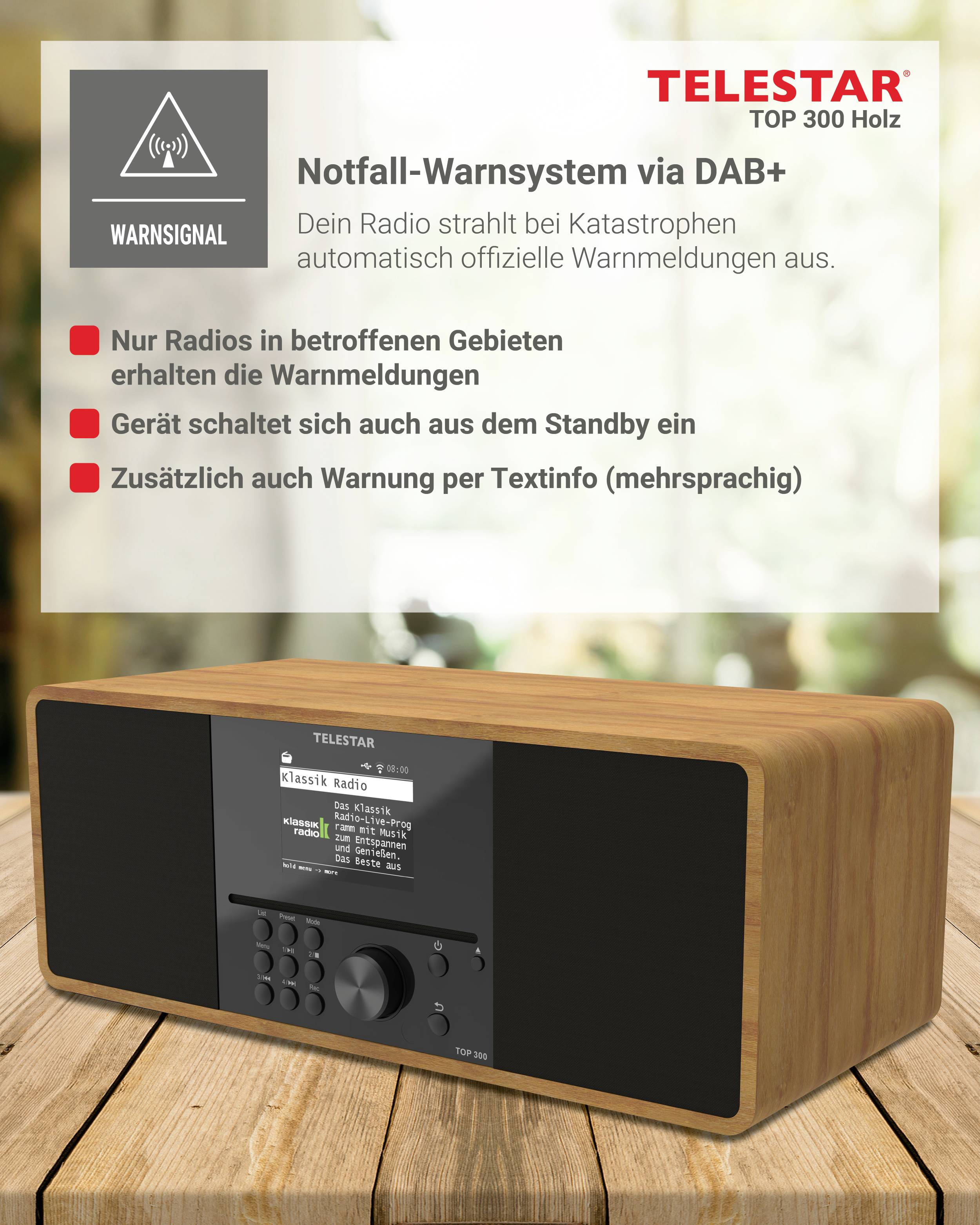 Systém nouzového varování prostřednictvím DAB+' zobrazuje dřevěné rádio na stole. Text vysvětluje automatické výstražné zprávy v případě katastrof vysílané rozhlasem.