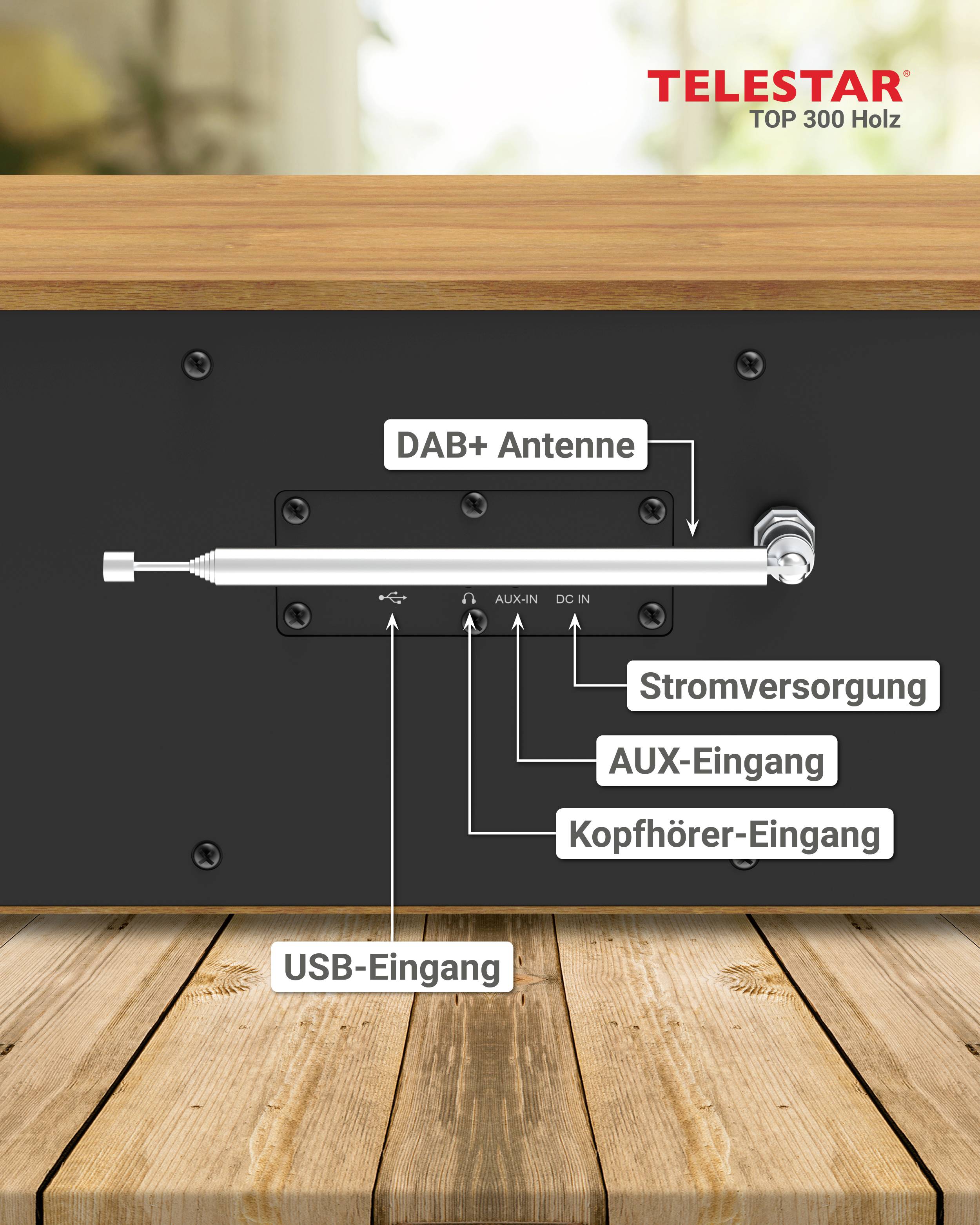 Zadní strana rádia s připojeními: 'DAB+ anténa', 'Napájení', 'AUX vstup', 'Vstup pro sluchátka', 'USB vstup'.
