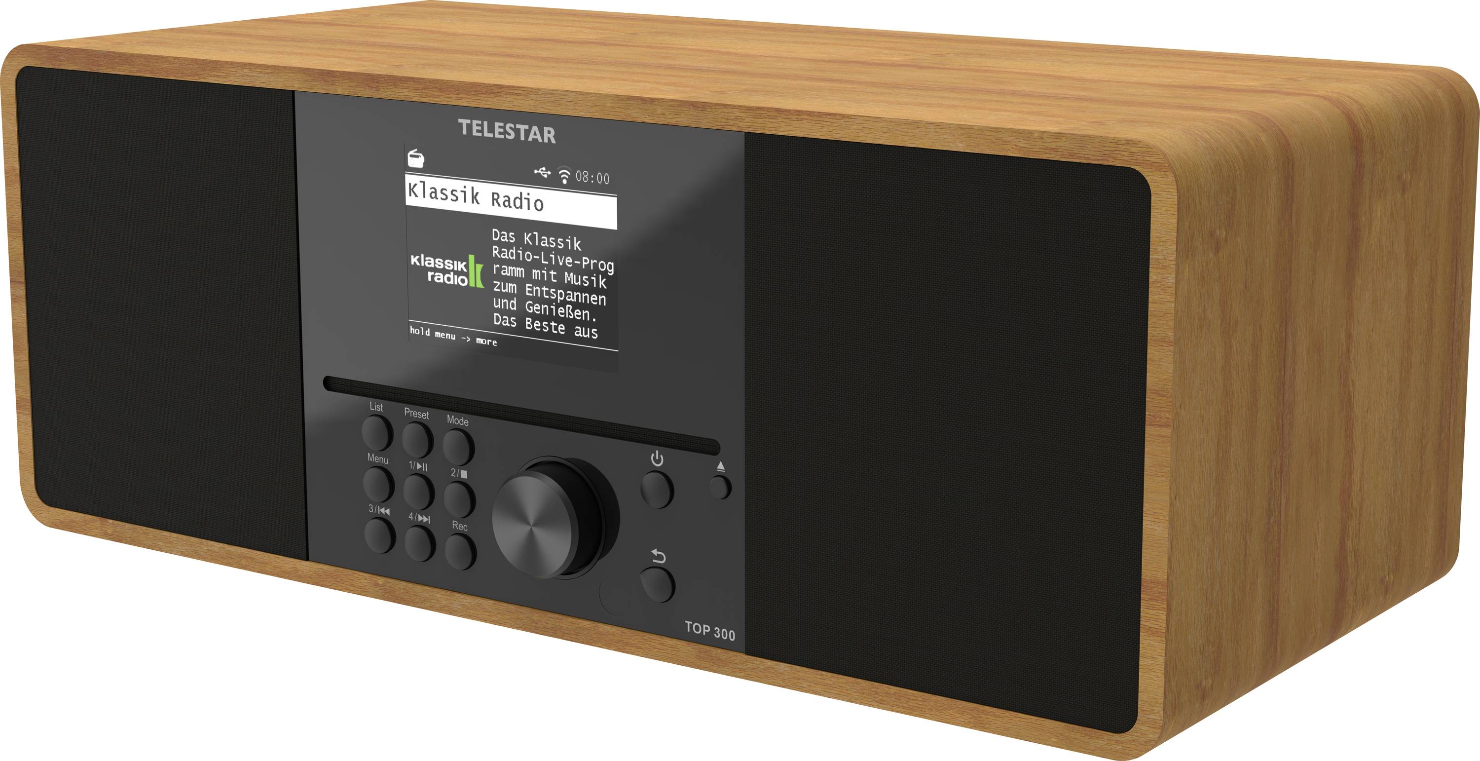 Dřevěný stolní rádio zobrazující na displeji 'Klassik Radio' s ovládacími tlačítky a velkým centrálním knoflíkem pod ním.