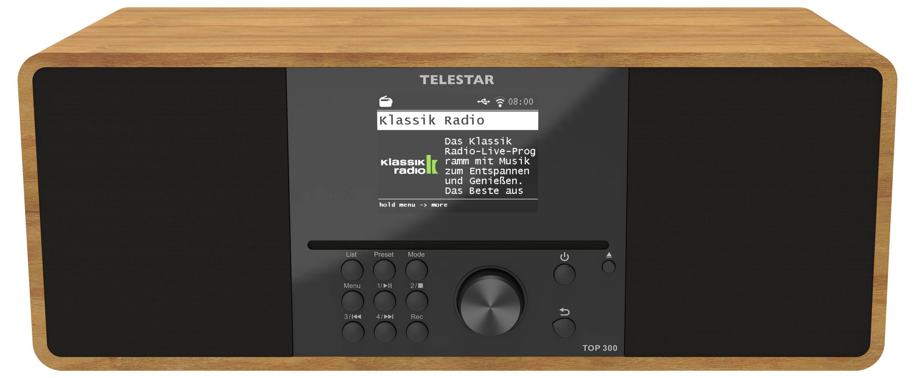 Dřevěné digitální rádio označené názvem 'Telestar' zobrazuje na svém displeji 'Klassik Radio'. Pod displejem jsou viditelné tlačítka a otočné ovladače.