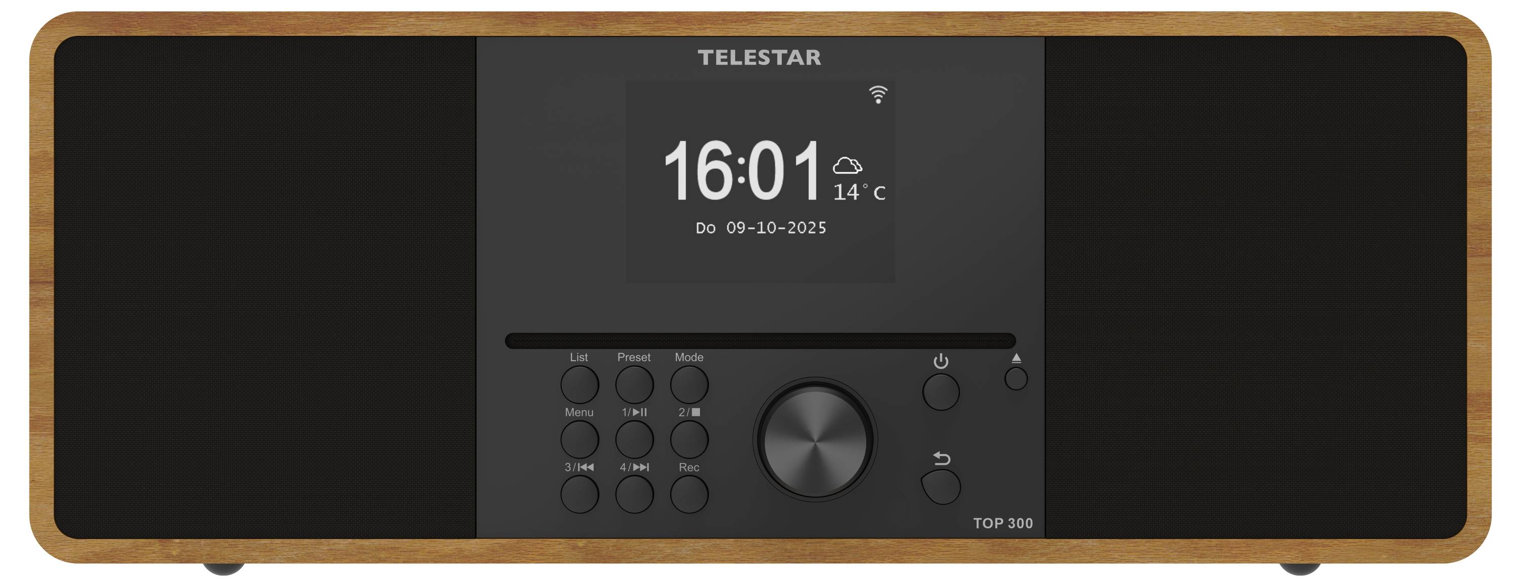 Displej rádia značky 'TELESTAR' zobrazuje čas 16:01, datum 09-10-2023 a teplotu 14°C. Obsahuje tlačítka, otočný ovladač a dřevěný povrch.