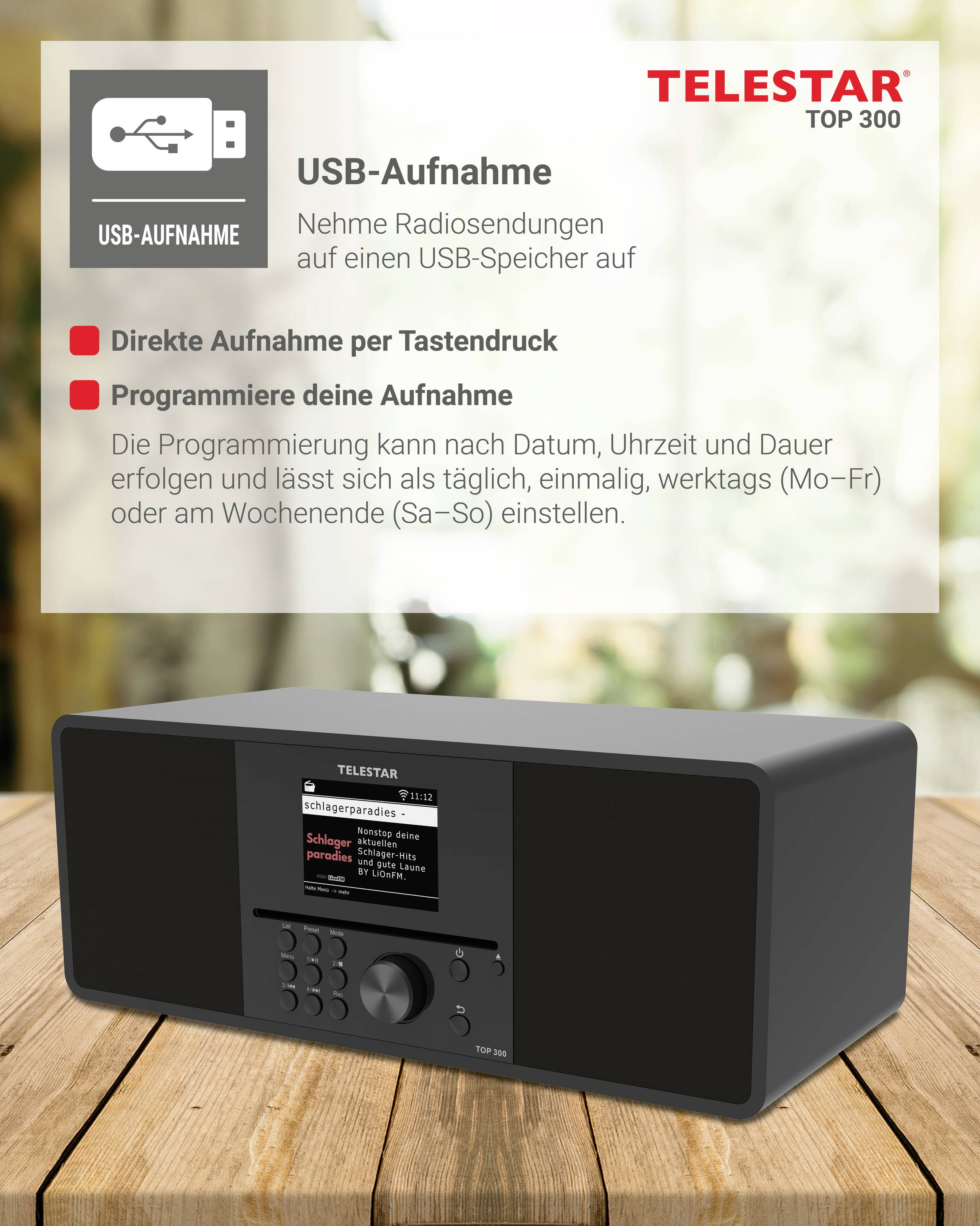 Černé rádio s nápisem 'TELESTAR TOP 300', funkce nahrávání přes USB, programovatelné možnosti nahrávání, reklamní popis.