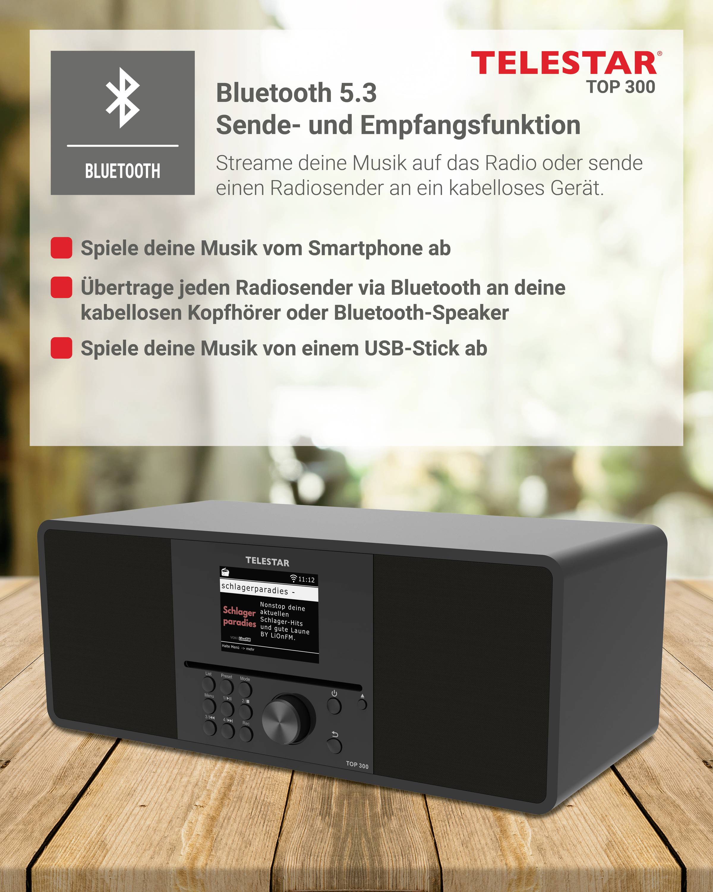 Bluetooth 5.3, vysílací a přijímací funkce na rádiu. Přehrávejte hudbu z chytrého telefonu, přes Bluetooth, sluchátka nebo USB flash disk.