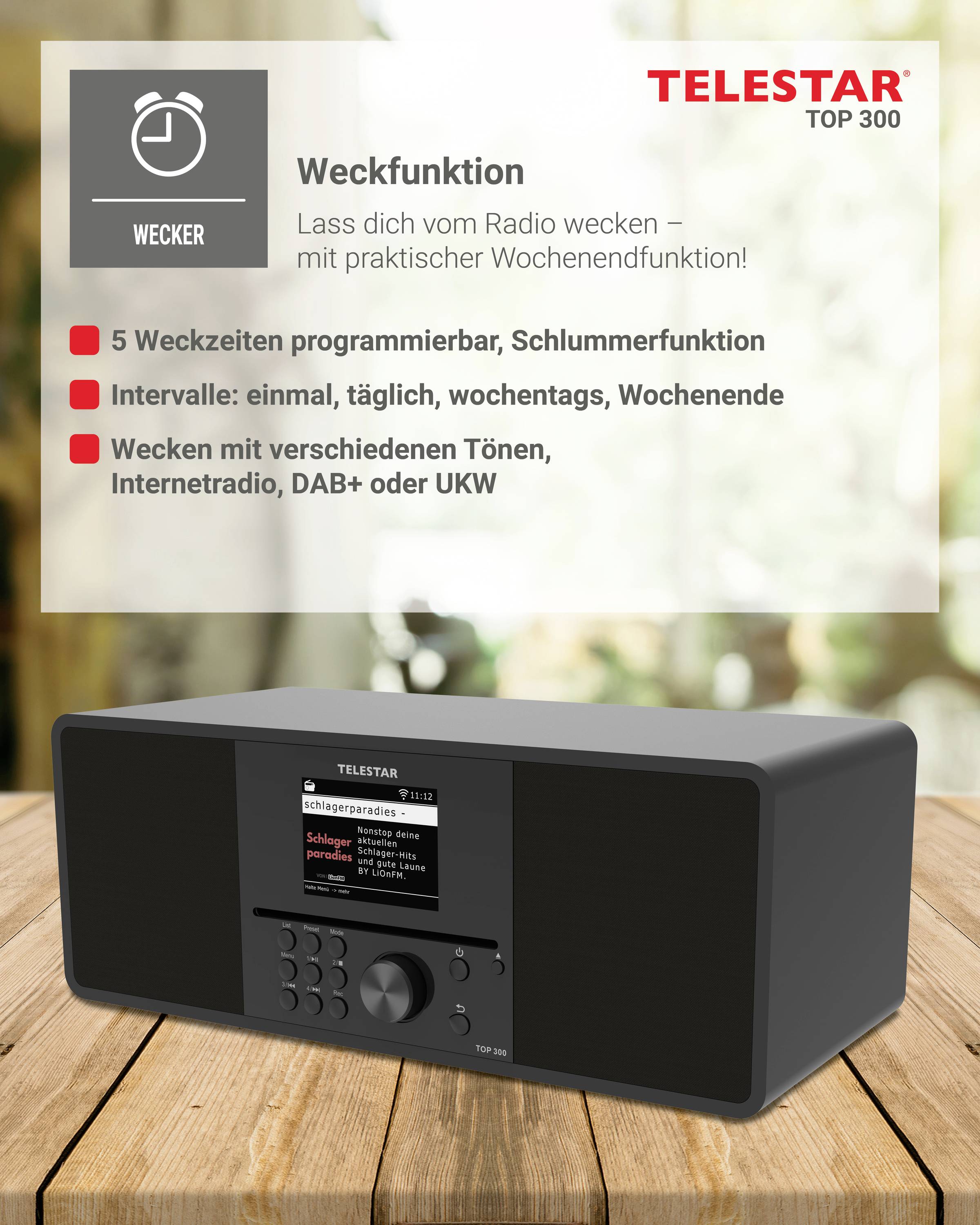 Rádiobudík s programovatelnými časy buzení, funkcí odloženého buzení, různými budícími tóny, internetovým rádiem, DAB+ a FM.