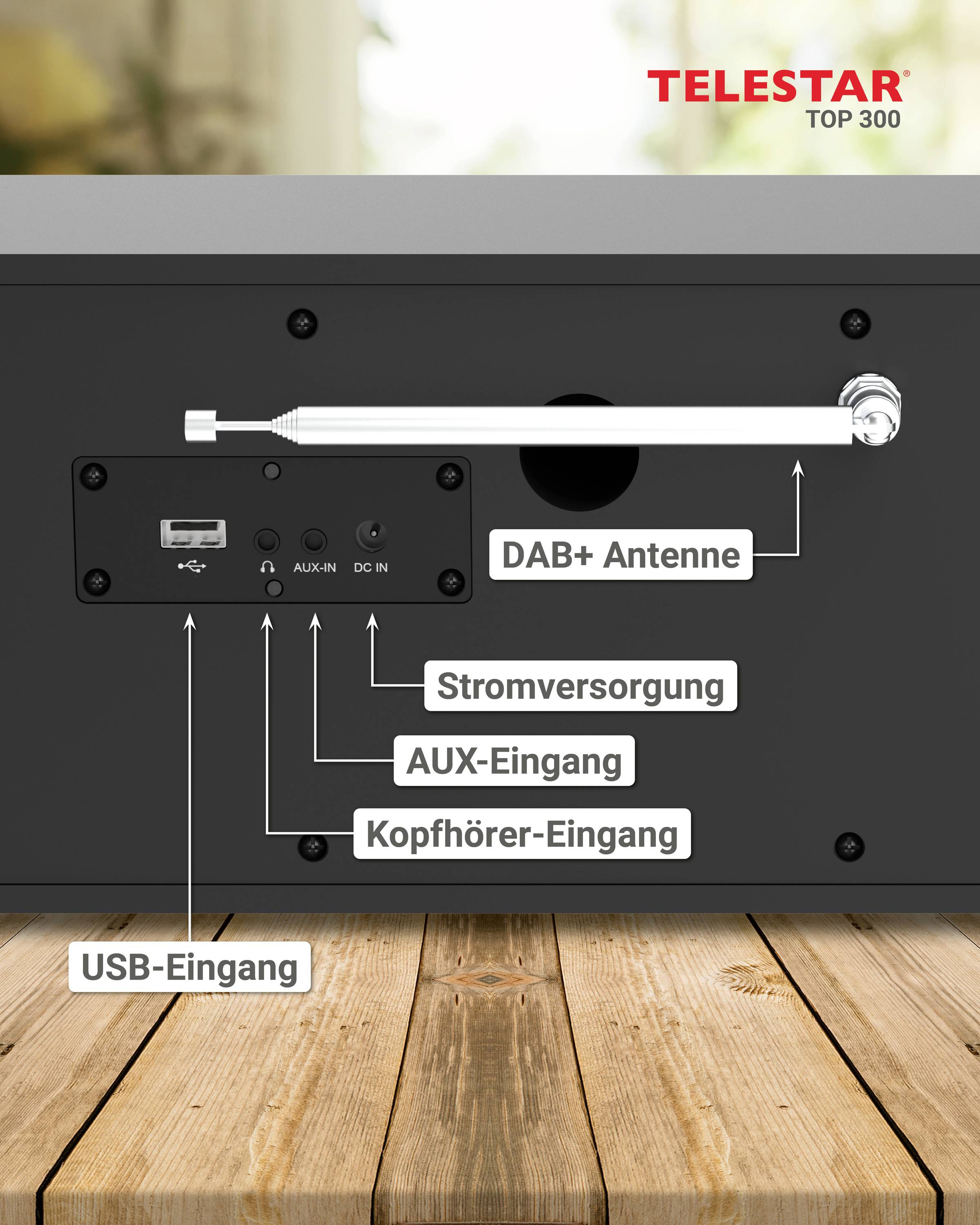 Zadní strana rádia s popisky: 'DAB+ anténa', 'Napájení', 'AUX vstup', 'Vstup pro sluchátka', 'USB vstup'.