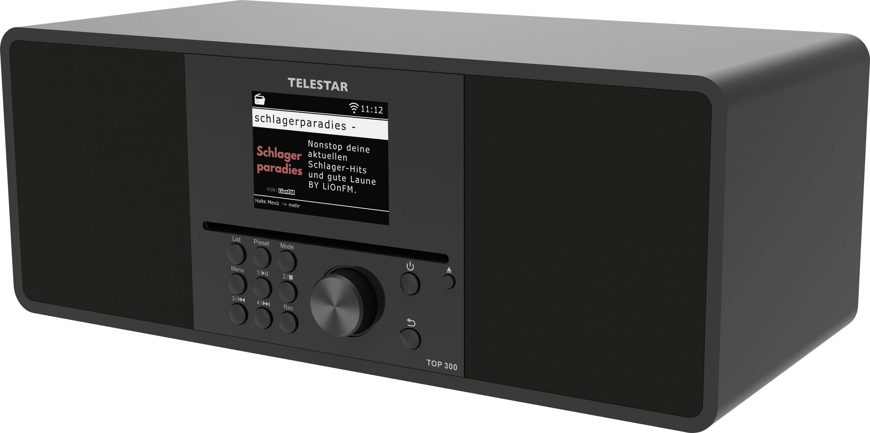 Černý stereosystém označený jako 'Telestar TOP 30©' zobrazuje 'schlagerparadies' na svém digitálním displeji, s různými tlačítky a velkým otočným ovladačem.
