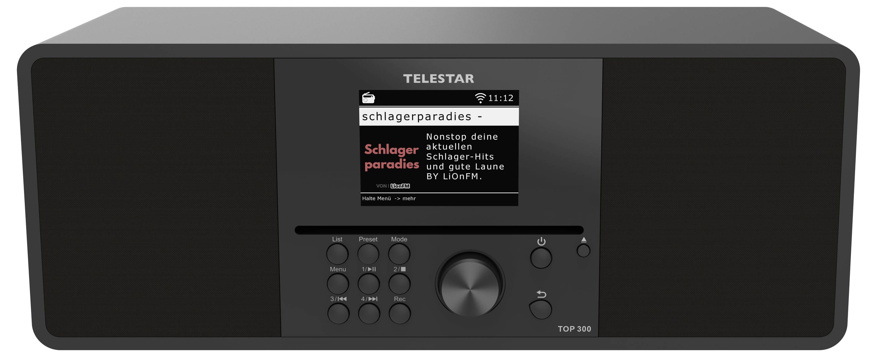 Černé rádio Telestar s nápisem 'schlagerparadies' na displeji, reproduktory po obou stranách a ovládacími tlačítky pod displejem.