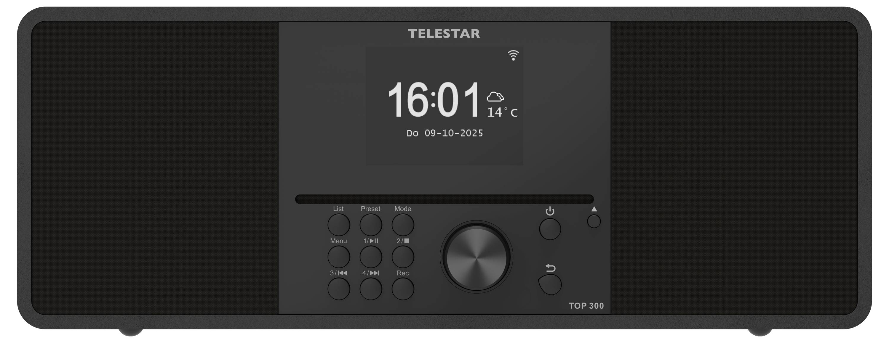 Digitální rozhlasový displej zobrazující značku 'Telestar', aktuální čas 16:01, datum 09-10-2023 a teplotu 14°C.