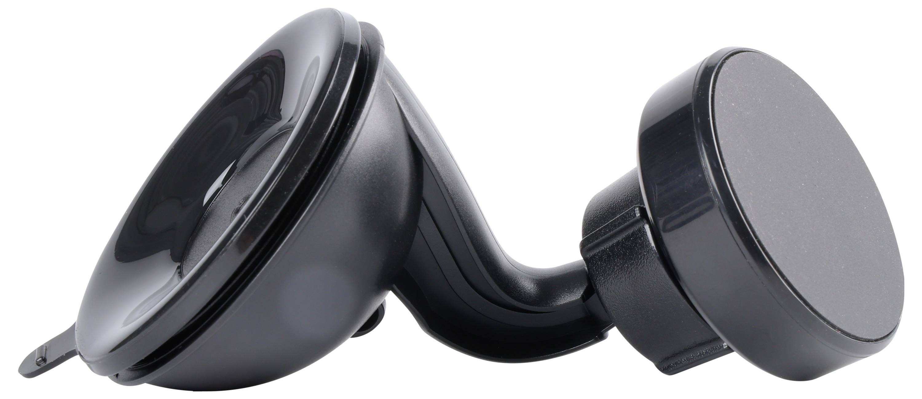 Černý, nastavitelný přísavný držák s magnetickou základnou, používaný k bezpečnému uchycení zařízení ve vozidle nebo na hladkém povrchu.