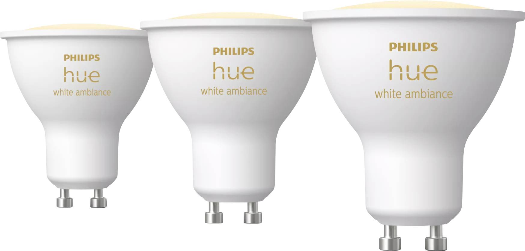 Tři chytré žárovky Philips Hue s bílým ambientním osvětlením se základnou GU10, zobrazené zleva doprava, zdůrazňující jejich design a značku.