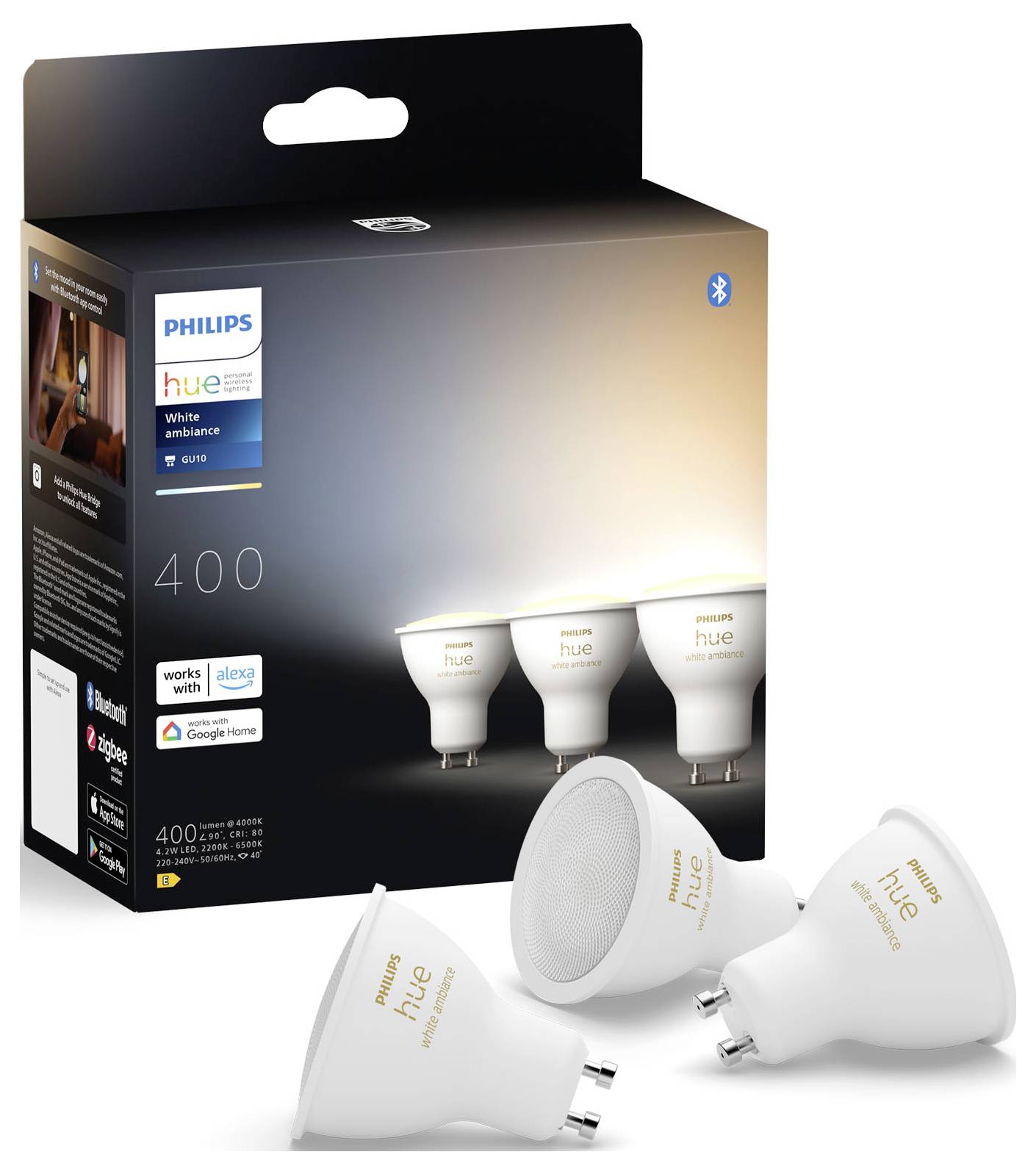 Philips Hue White ambiance LED žárovky, GU10, 400 lumenů, kompatibilní s Alexou, Google Home a Bluetooth. Balení zobrazuje tři žárovky.