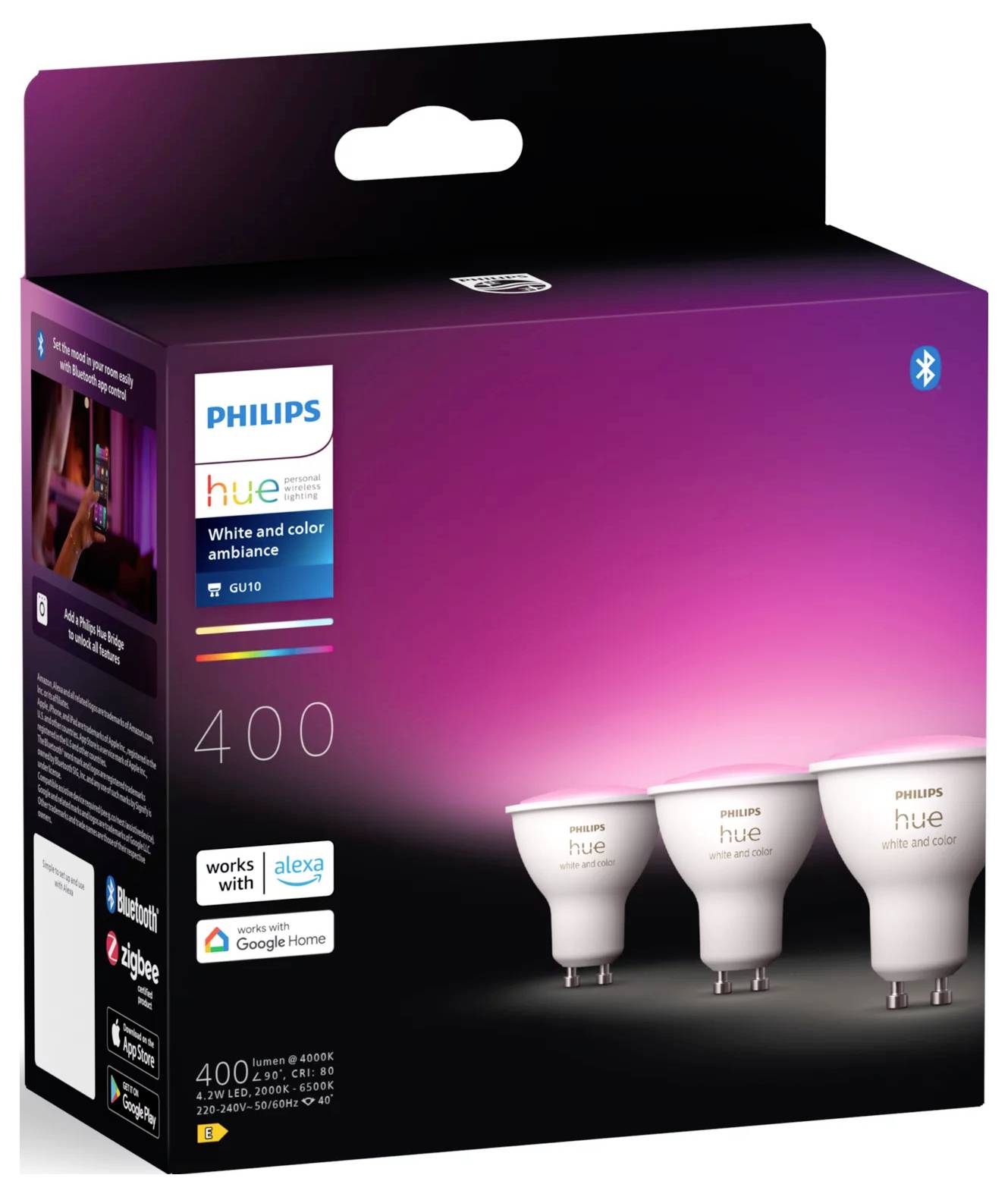 Philips Hue bílé a barevné ambientní chytré žárovky v obalu zobrazující kompatibilitu s Alexou, Google Home, Zigbee a Bluetooth.
