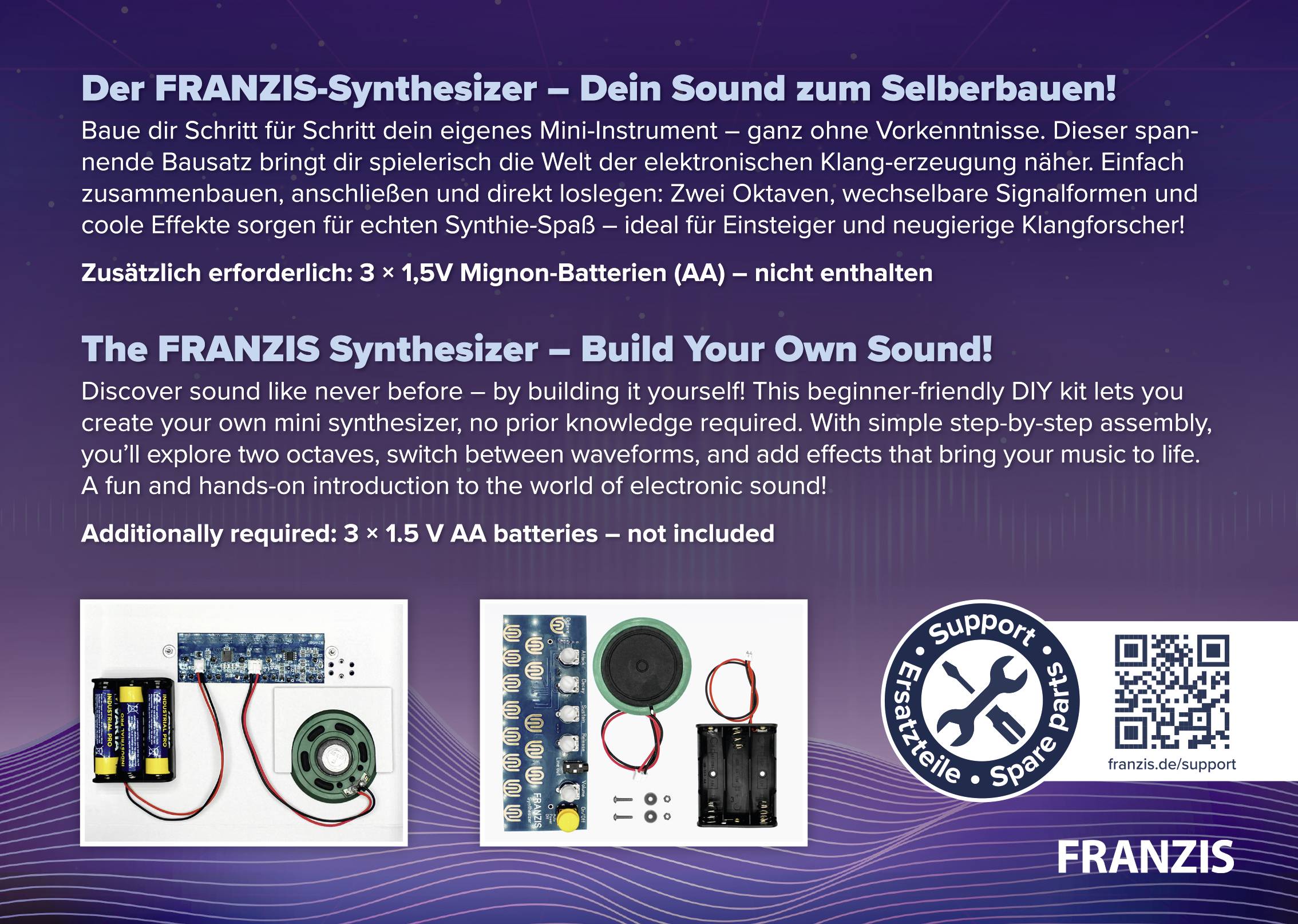 Syntezátor FRANZIS – Postav si svůj vlastní zvuk!' DIY sada pro vytvoření mini syntezátoru. Obsahuje desku plošných spojů, vodiče, baterie. Podporuje 3 x 1,5 V AA baterie.