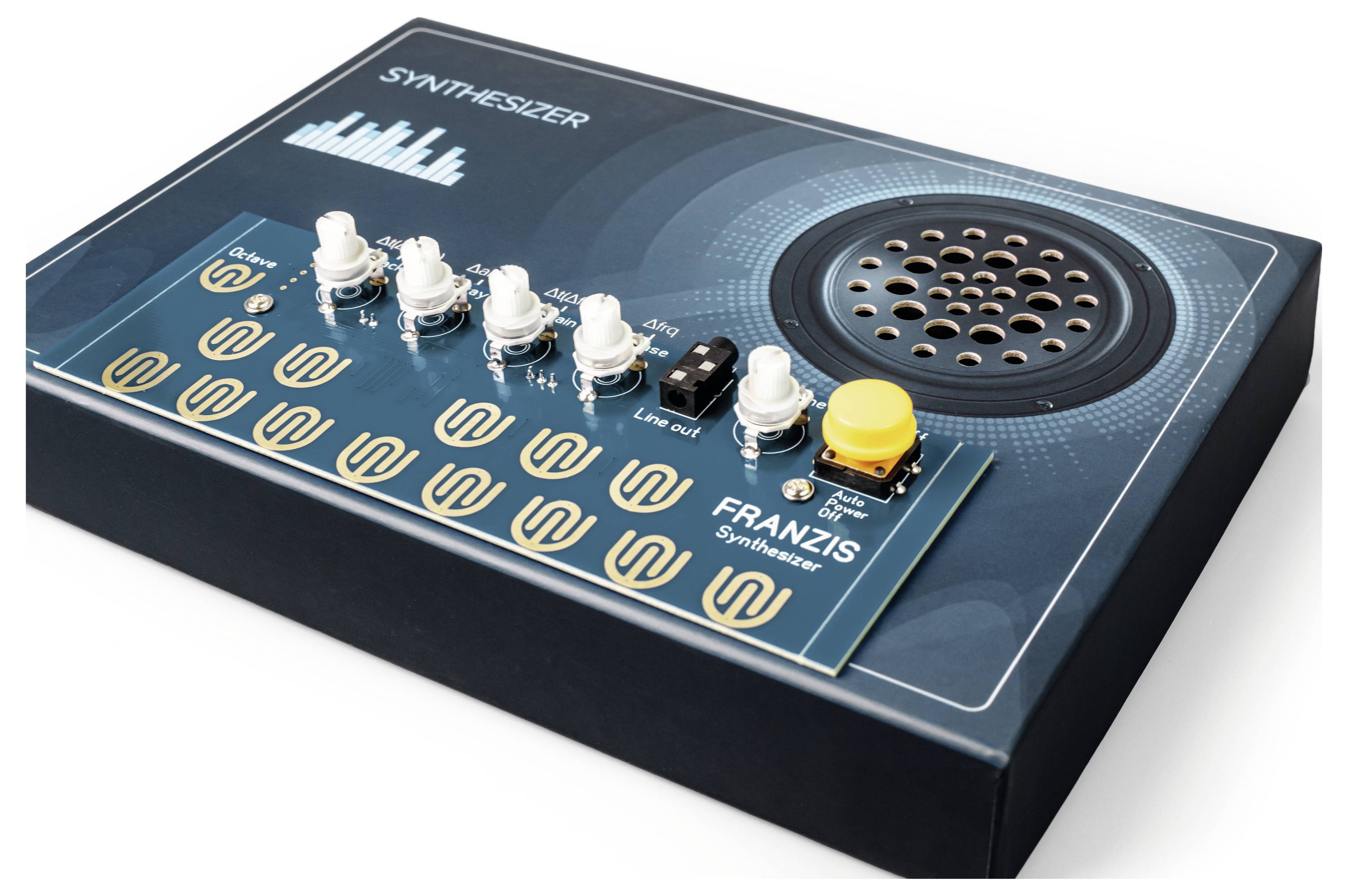 Kompaktní modrý syntezátor s šesti bílými knoflíky, tlačítky a reproduktorem. Na panelu je napsáno 'FRANZIS Synthesizer'.