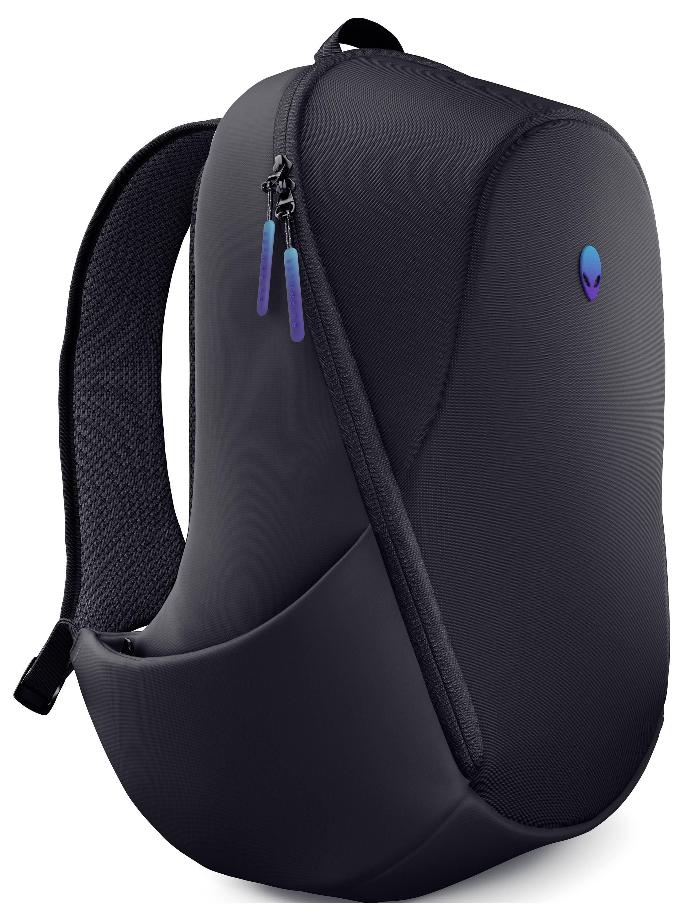 Elegantní černý batoh s minimalistickým designem, s malým logem mimozemšťana a barevnými jezdci zipů na hladkém povrchu.