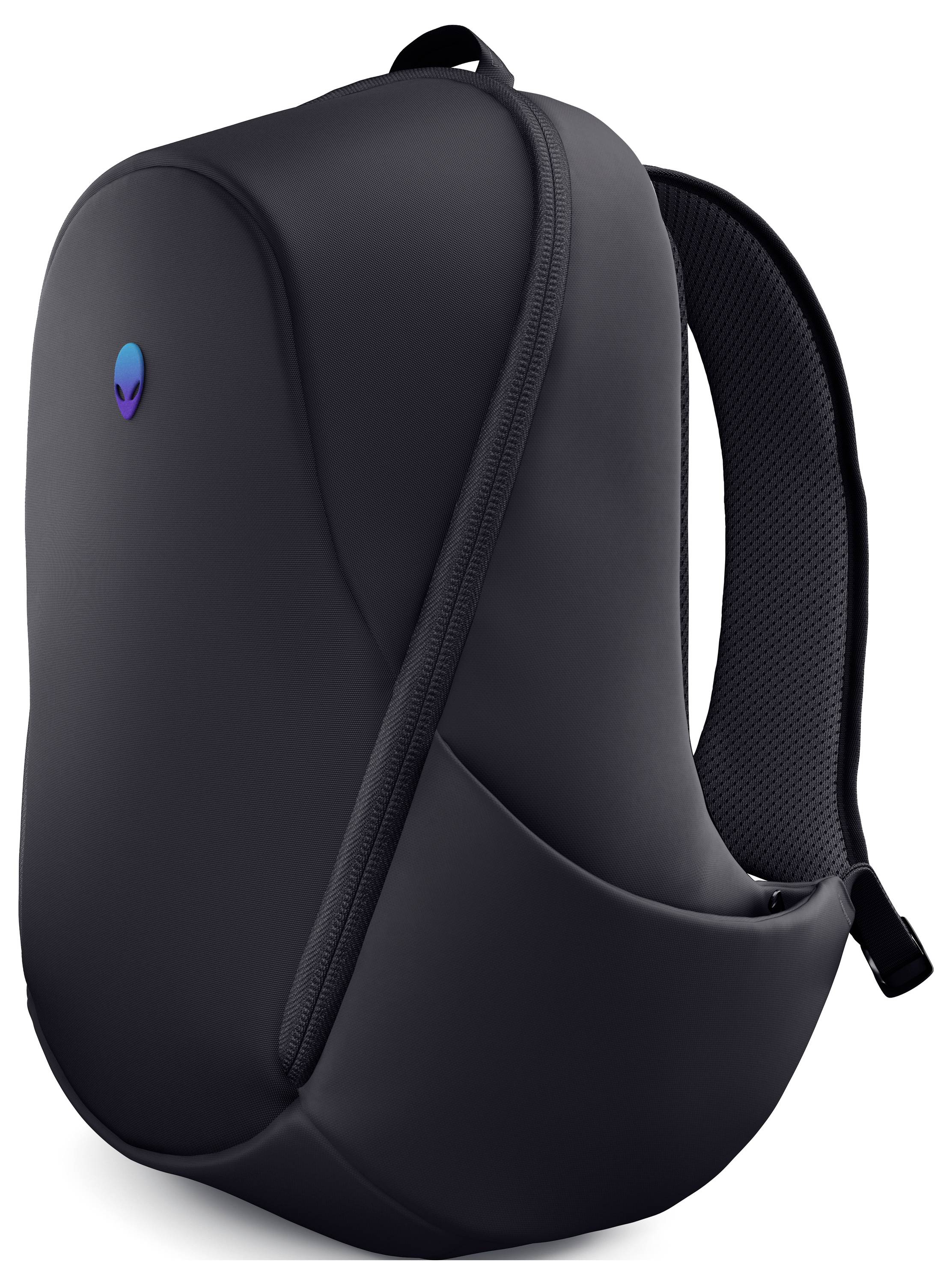 Elegantní černý batoh s nenápadným logem mimozemšťana na přední straně, vybavený polstrovanými ramenními popruhy a streamlinovaným, moderním designem.