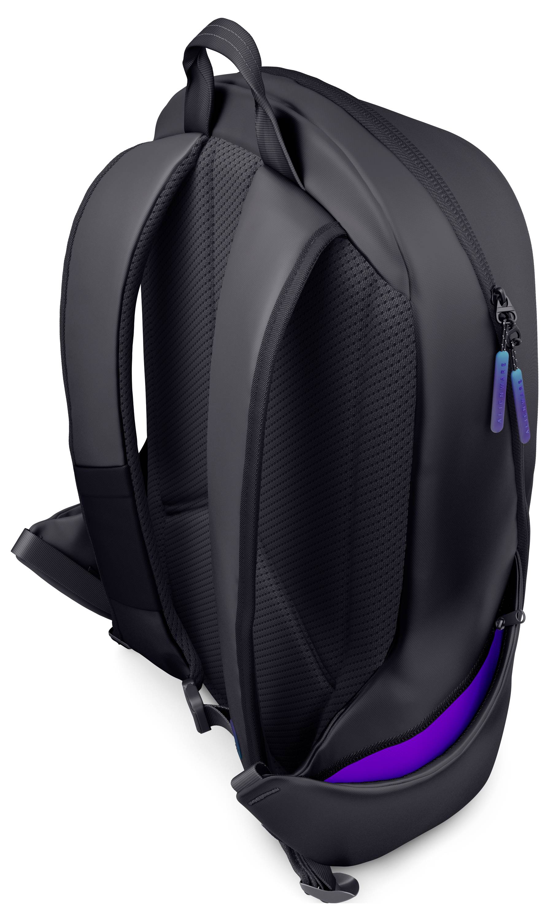 Elegantní černý batoh s polstrovanými ramenními popruhy a fialovým akcentem, navržený s moderním a ergonomickým vzhledem pro pohodlí a styl.