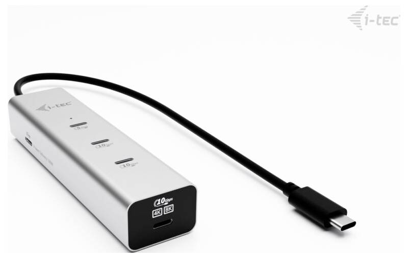 Stříbrný rozbočovač i-tec USB-C s více porty, včetně HDMI, USB a DisplayPort, připojený k černému kabelu s USB-C koncovkou.