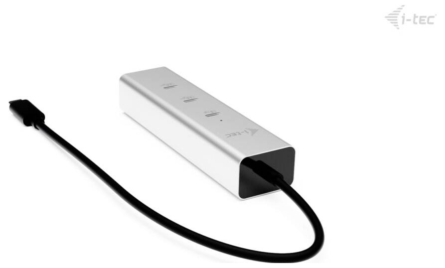 Stříbrný obdélníkový USB rozbočovač se třemi porty a černým kabelem, v rohu opatřený logem značky 'i-tec'.