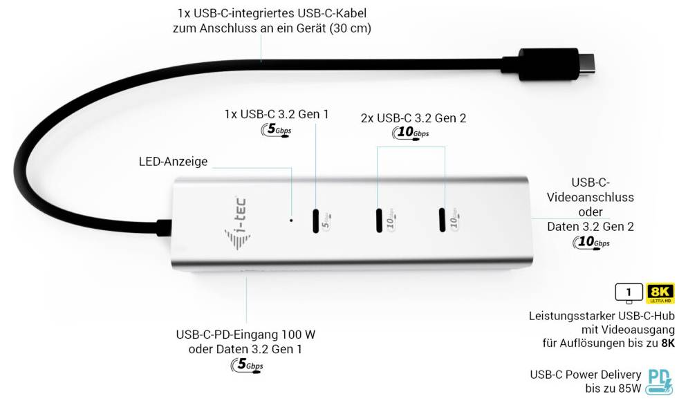 USB-C rozbočovač s více porty: 1x USB-C PD nabíjení, 2x USB 3.2 Gen 1, LED displej, USB-C video port podporující rozlišení až 8K.