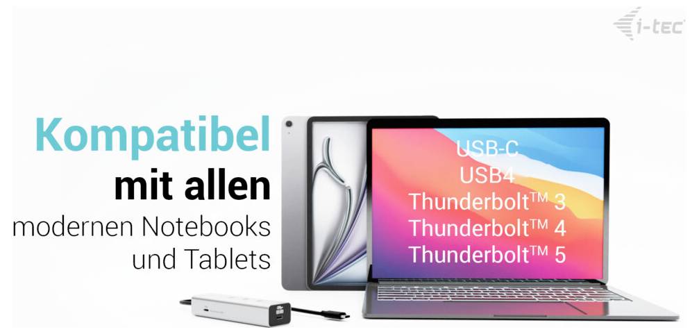 Notebooky a tablety s textem: Kompatibilní se všemi moderními notebooky a tablety. Doporučené: USB-C, USB4, Thunderbolt 3, 4, 5.
