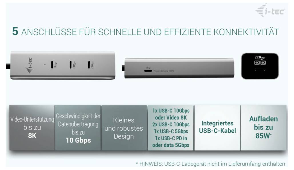 i-tec Dokovací stanice: 5 portů pro rychlé připojení. Podporuje video až 8K, datovou rychlost 10 Gb/s, kompaktní design, nabíjení 85W přes USB-C.