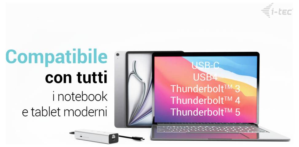 Dokovací stanice kompatibilní s moderními notebooky a tablety, podporuje USB-C, USB4, Thunderbolt™ 3, 4, 5. Obrázek ukazuje notebook a tablet.