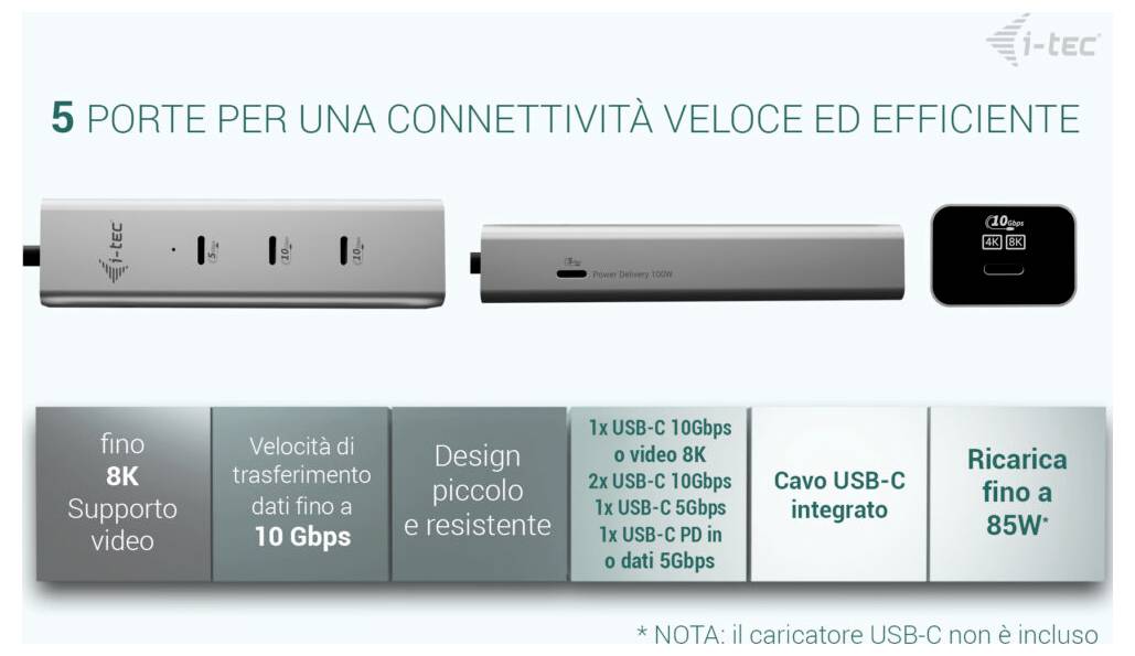 '5 portů pro rychlé a efektivní připojení' s obrázky portů a textem: 'podpora videa až 8K', 'Rychlost přenosu až 10 Gb/s', 'Integrovaný USB-C kabel', 'Nabíjení až 85W'.