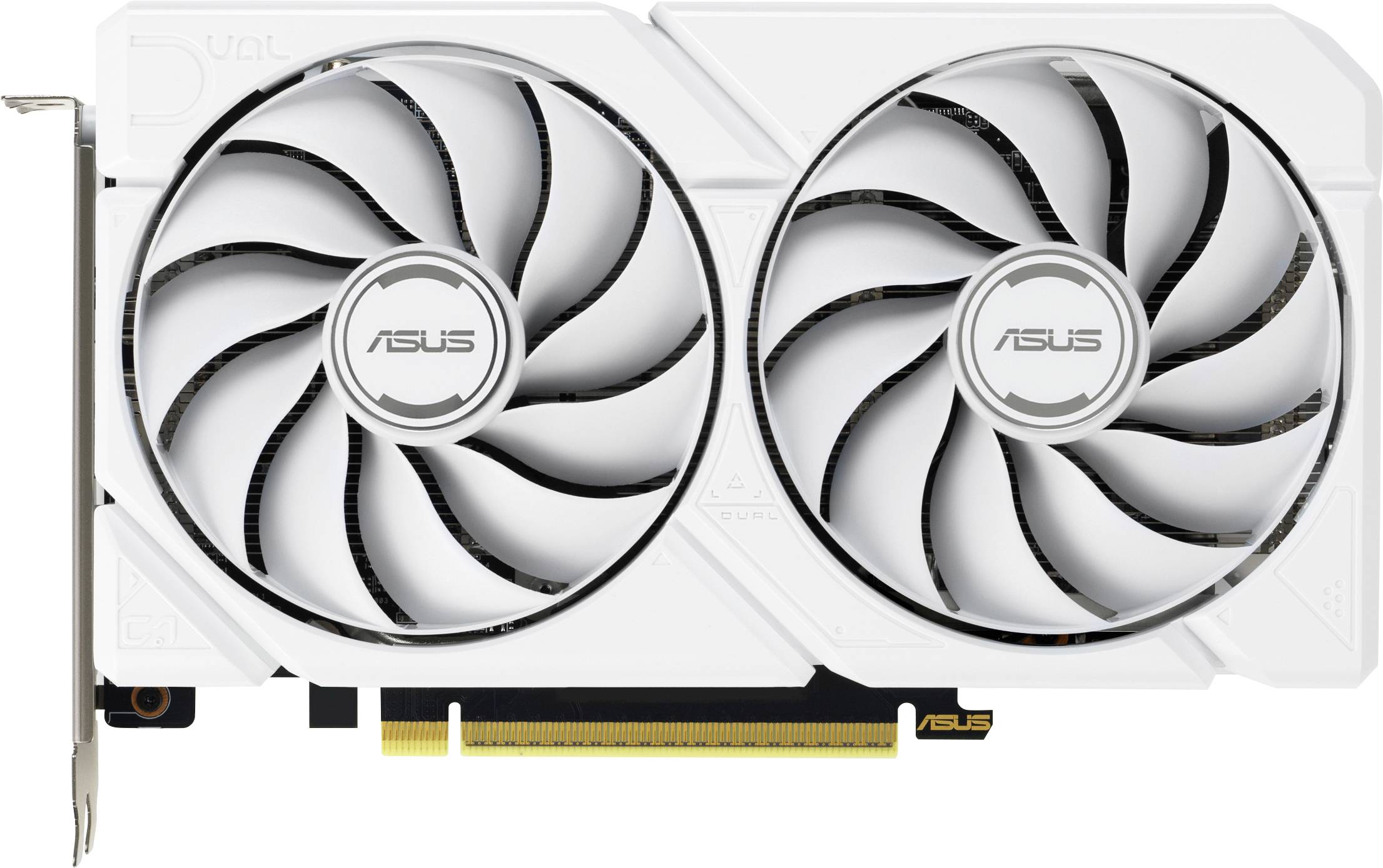 Bílá grafická karta s duálními ventilátory, na jejichž středu je vyznačeno logo 'ASUS', vybavená PCIe konektorem ve spodní části.