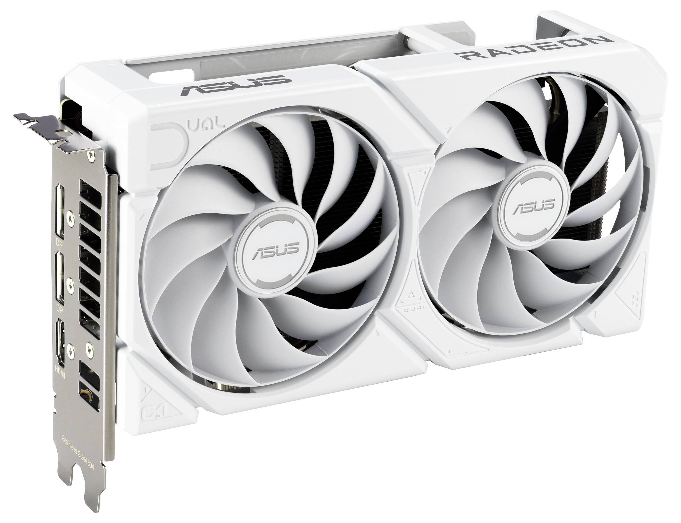 Bílá grafická karta ASUS Radeon s duálními chladicími ventilátory, multiple výstupy HDMI a DisplayPort na bočním krytu.
