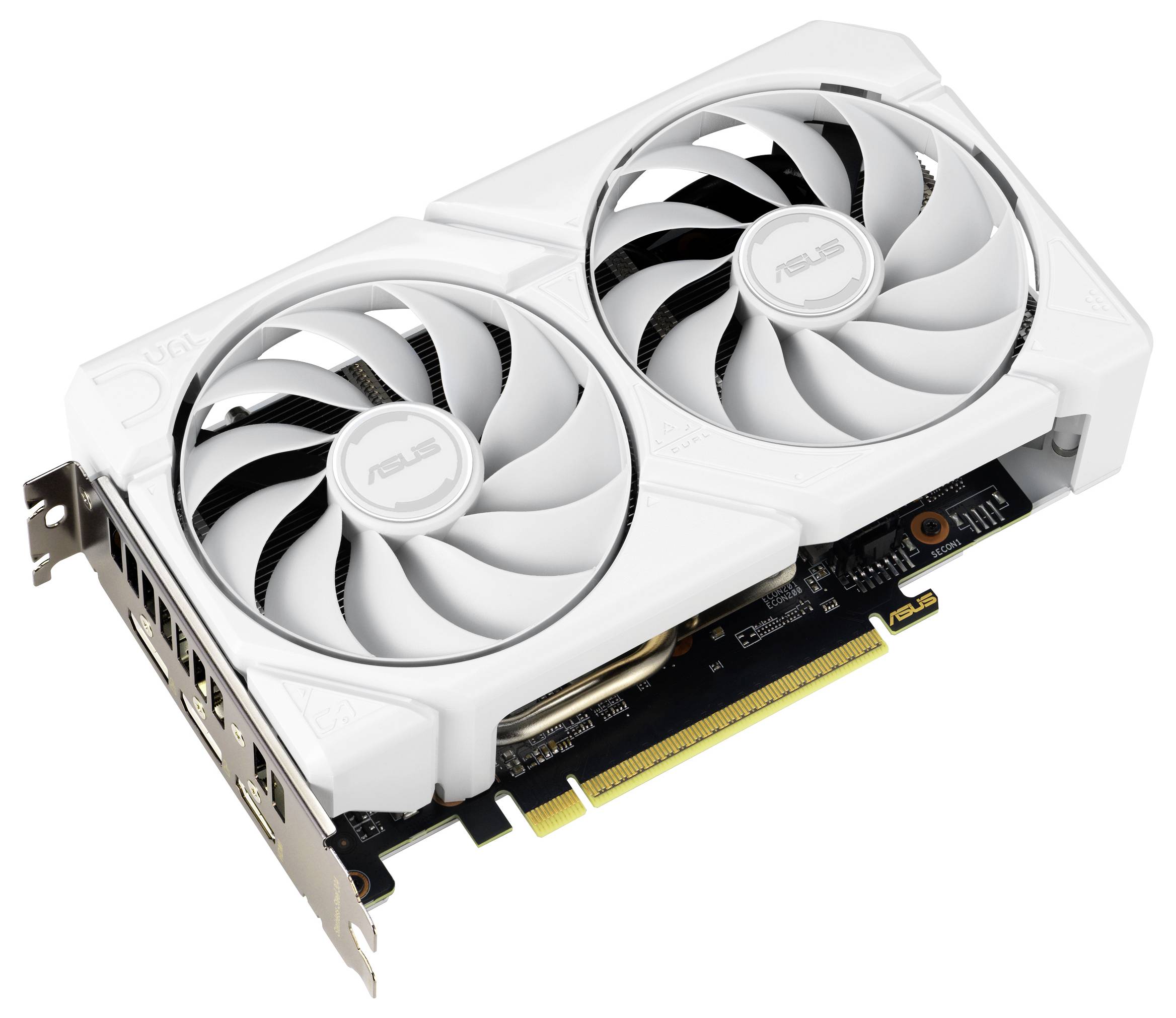 Bílá grafická karta ASUS s duálními ventilátory, viditelnými porty na straně a PCIe konektorem.