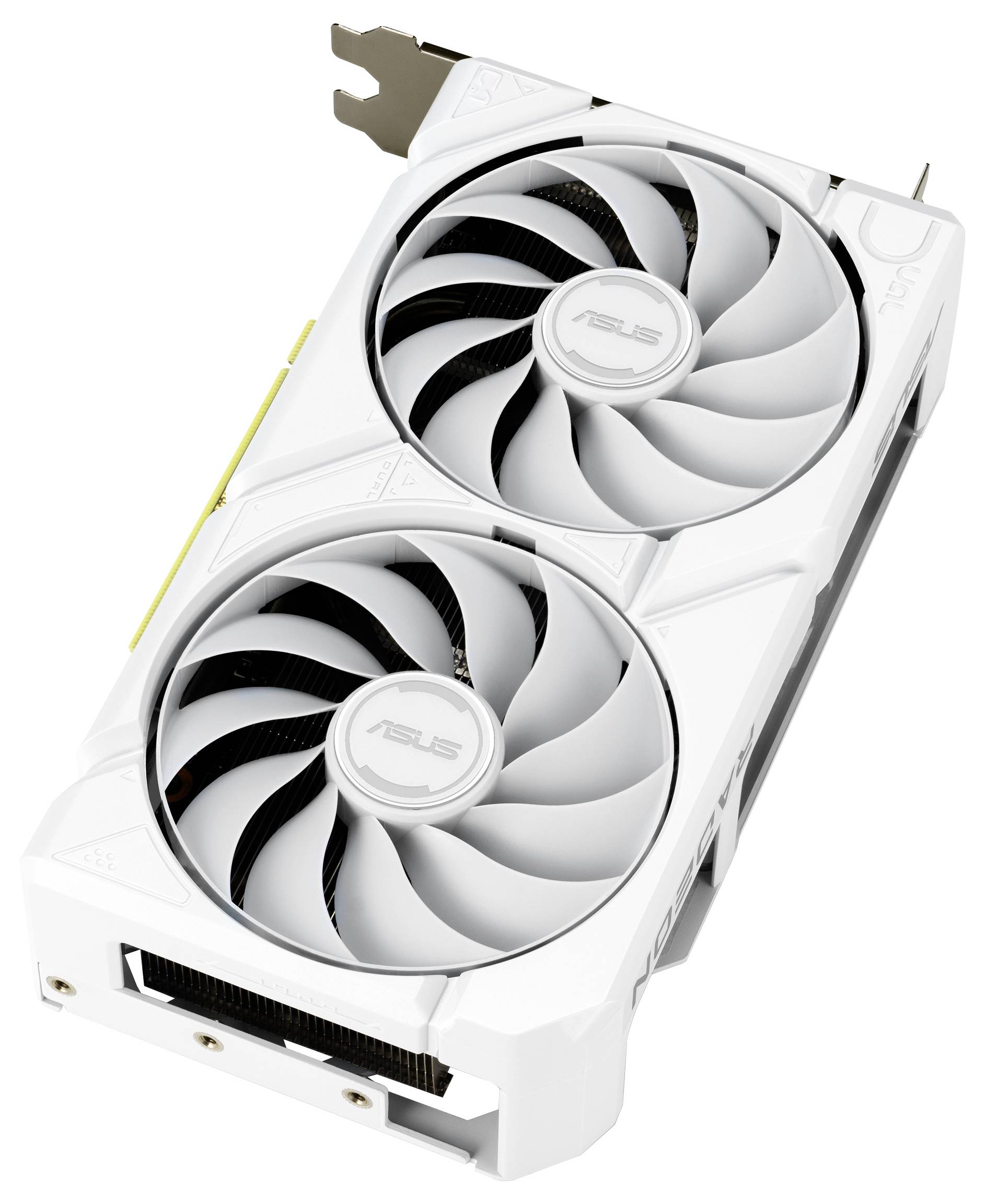 Bílá grafická karta s dvojitými chladicími ventilátory, s logem ASUS uprostřed každého ventilátoru.