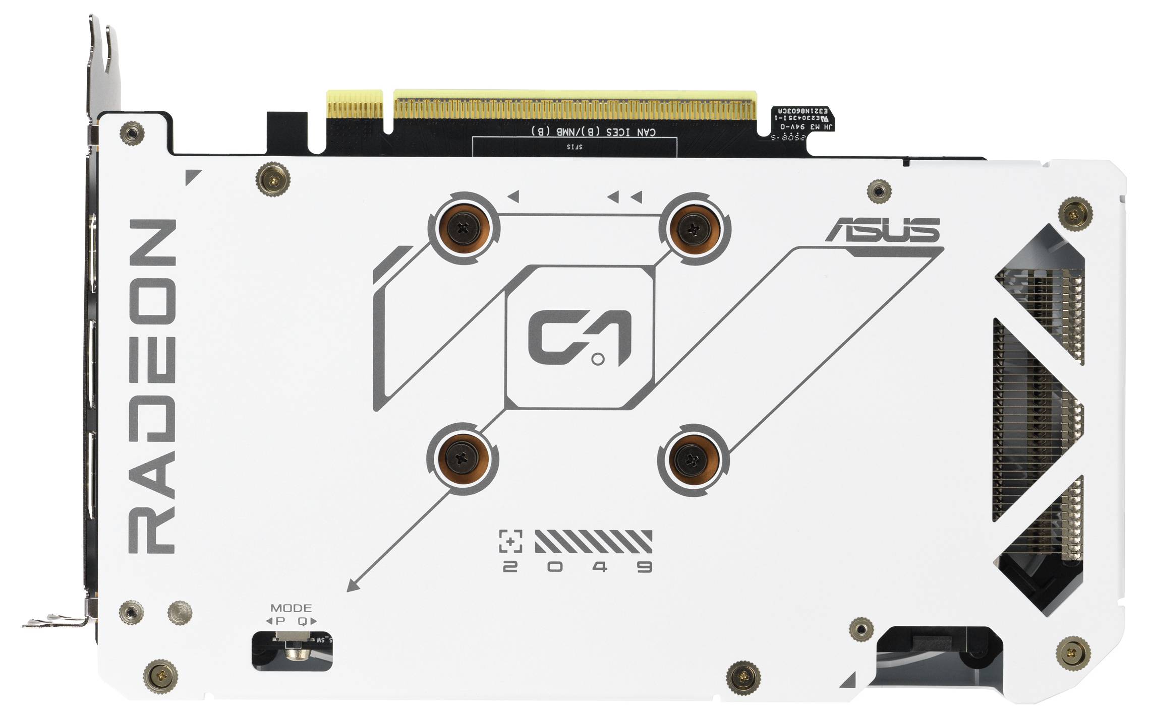 Grafická karta ASUS Radeon s bílým krytem zadní strany, zobrazující značkové prvky a designové detaily; nahoře je viditelný PCIe konektor.