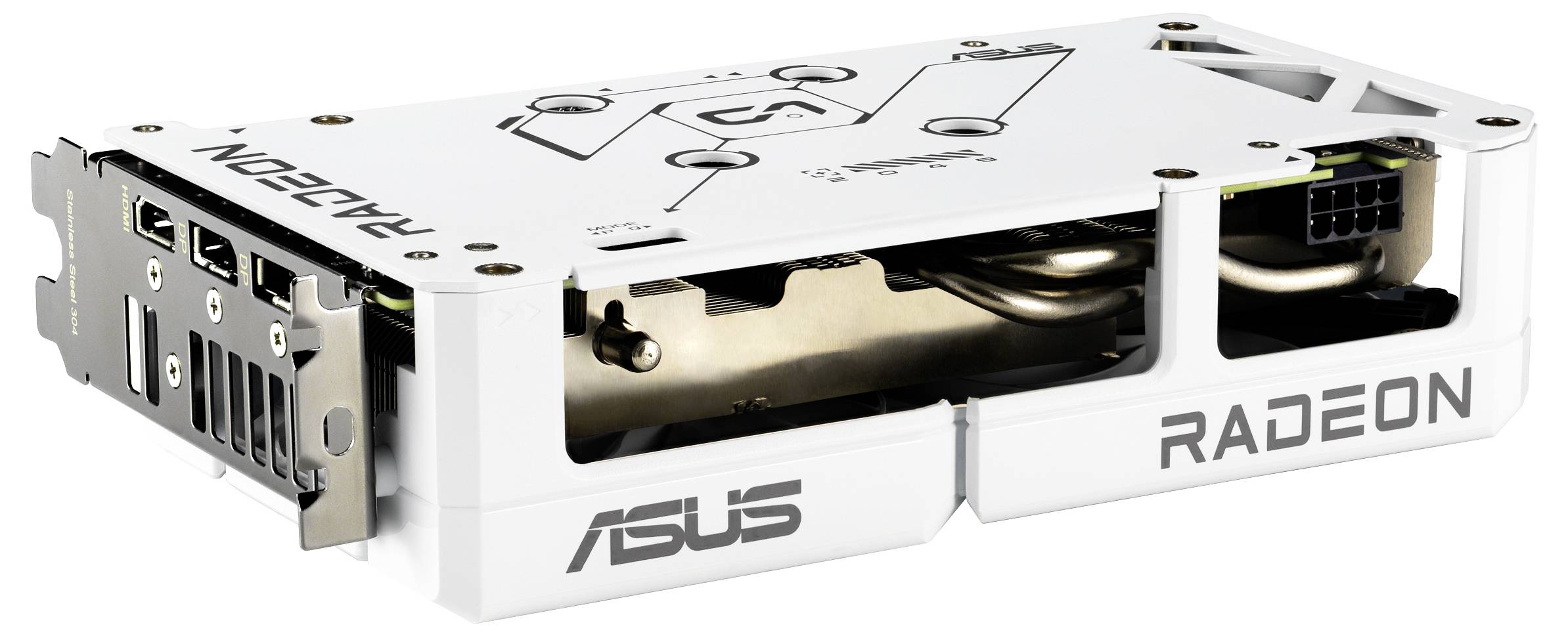 Bílá grafická karta ASUS Radeon s několika porty a detailním geometrickým designem na horní straně, která odhaluje její hardwarové komponenty.