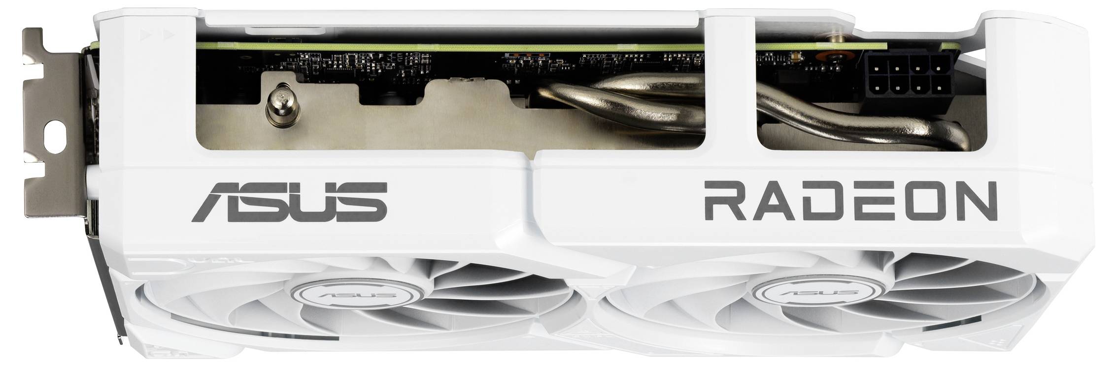 Bílá grafická karta ASUS s duálními ventilátory a logem 'RADEON', pohled z boku, zobrazující část chladiče a napájecí konektor.