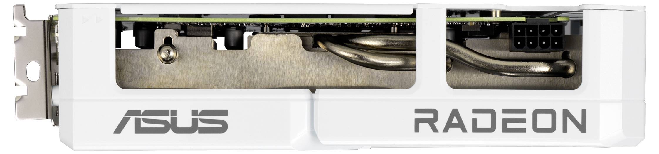 Bílá grafická karta ASUS Radeon pohledem z boku, se viditelnými tepelnými trubkami a ventilátorem, s textem 'ASUS' a 'RADEON'.