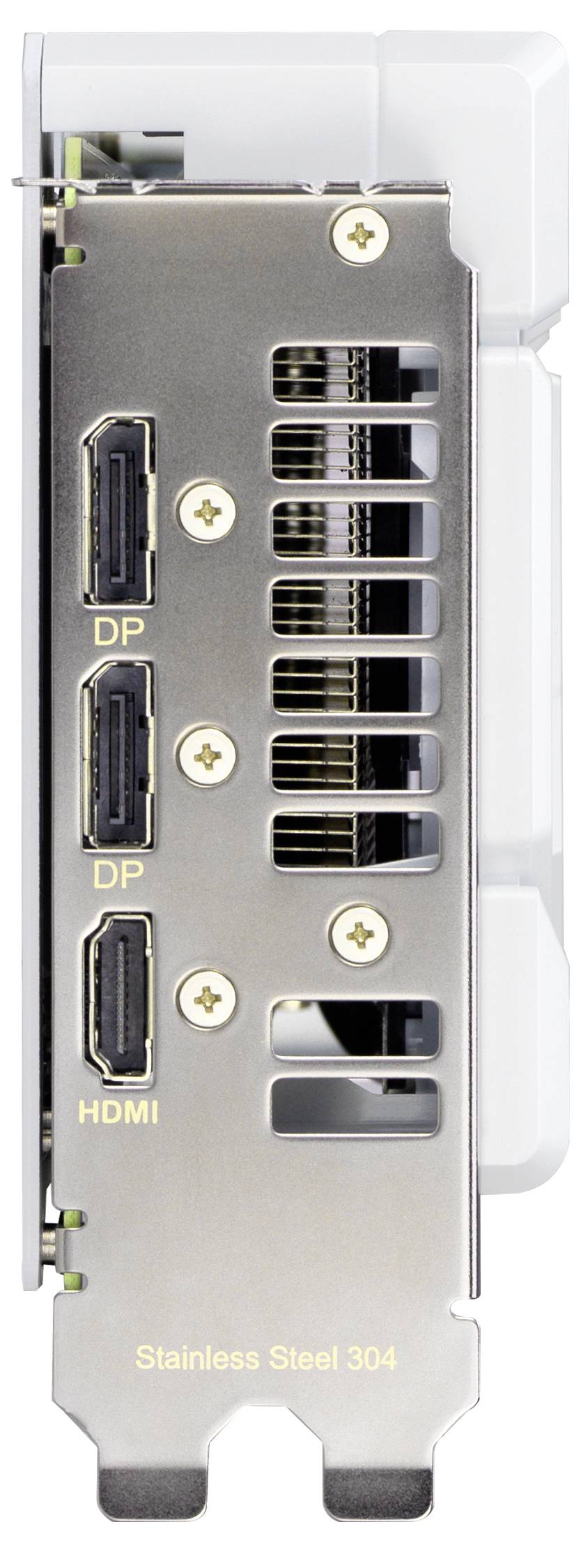 Detailní pohled na portový panel grafické karty zobrazující dva DisplayPort a jeden HDMI port, s nápisem "Nerezová ocel 304" vyrytým pod ním.