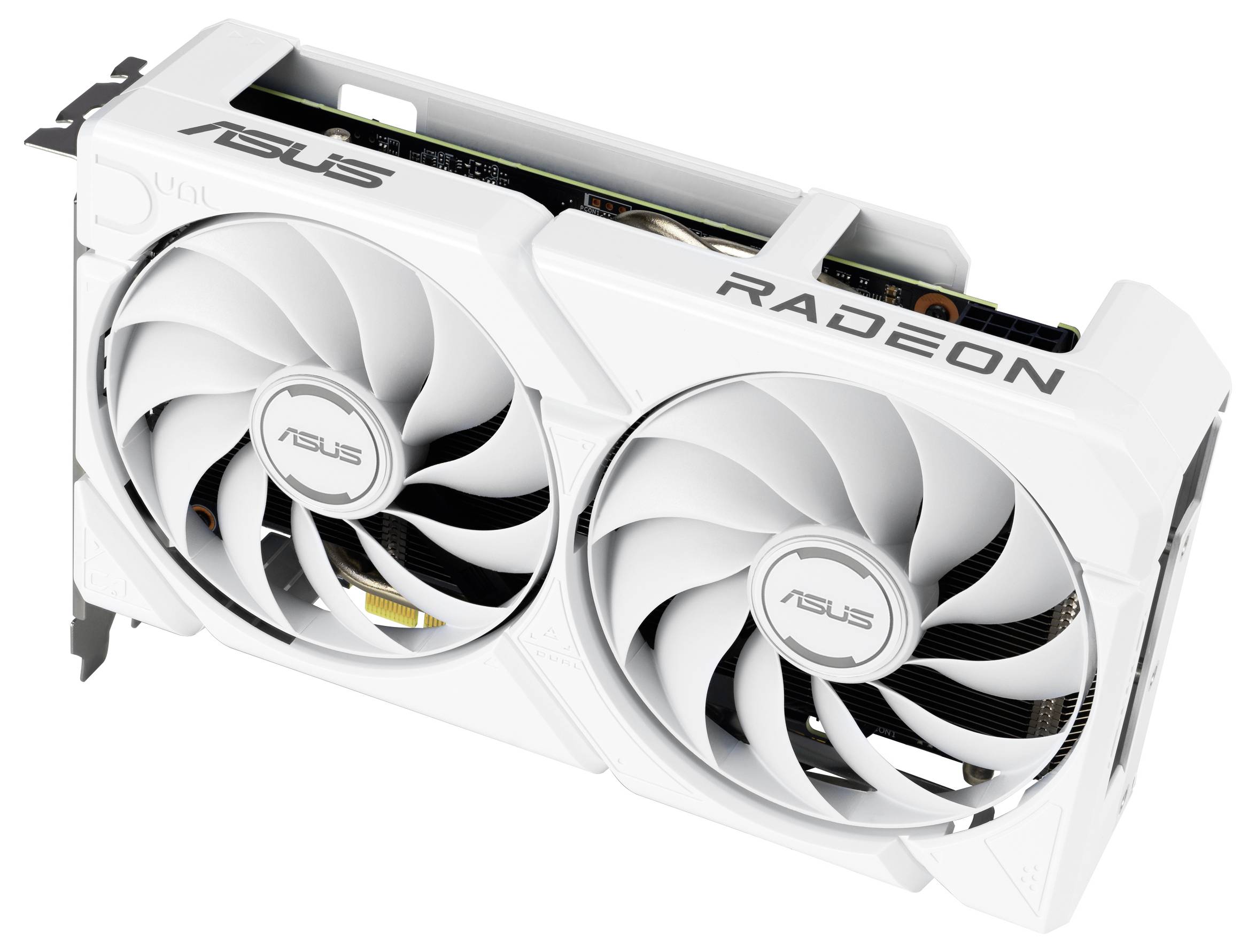 Bílá grafická karta ASUS se dvěma chladicími ventilátory, s brandigem 'RADEON' na boku. Navržena pro vysoce výkonné hraní her.
