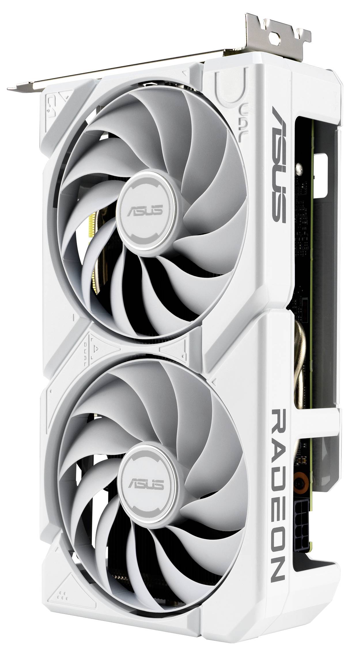 Bílá grafická karta ASUS s duálním ventilátorem označená štítkem 'Radeon', vyznačující se elegantním designem a viditelným brandingem na boku.