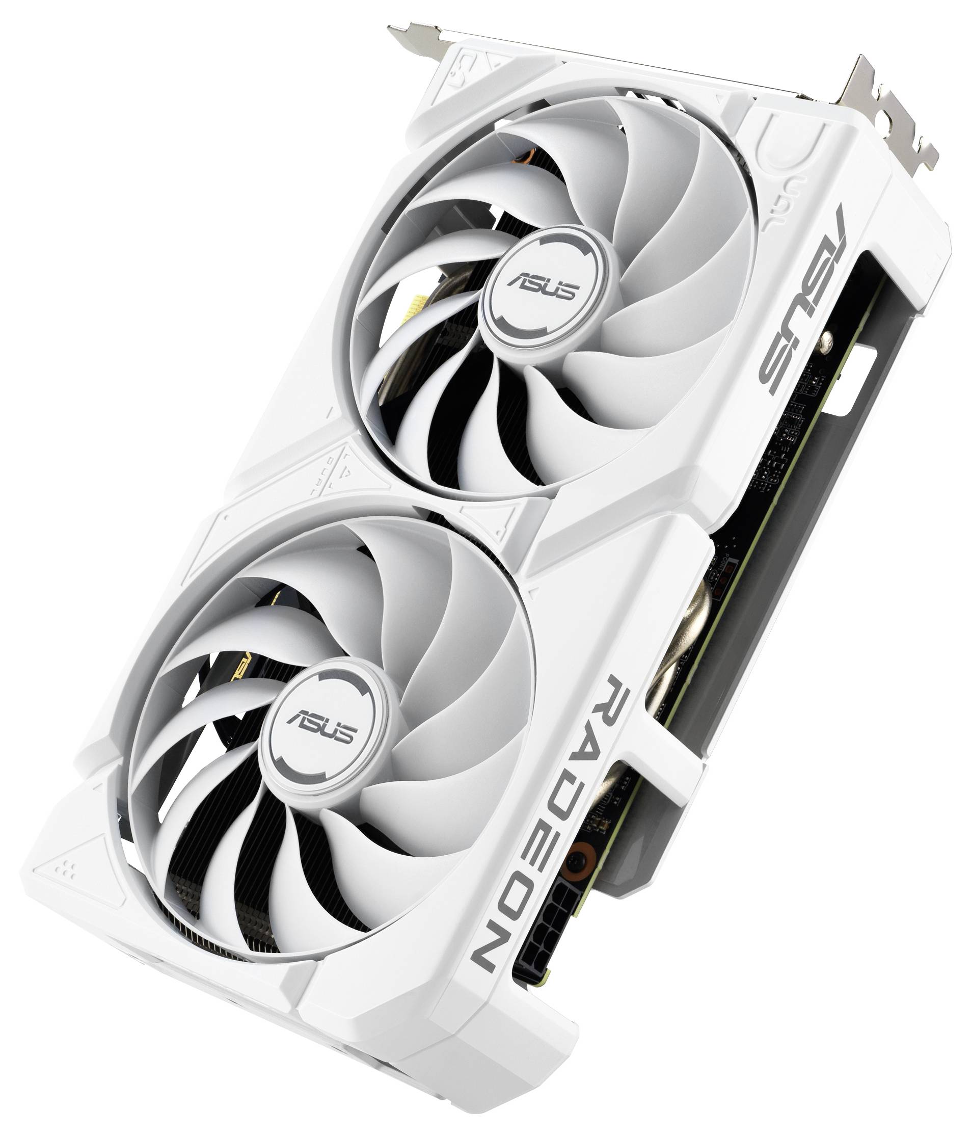 Bílá grafická karta ASUS Radeon se dvěma ventilátory nakloněnými doprava, s logem ASUS na náběžných hranách ventilátorů a značením Radeon.